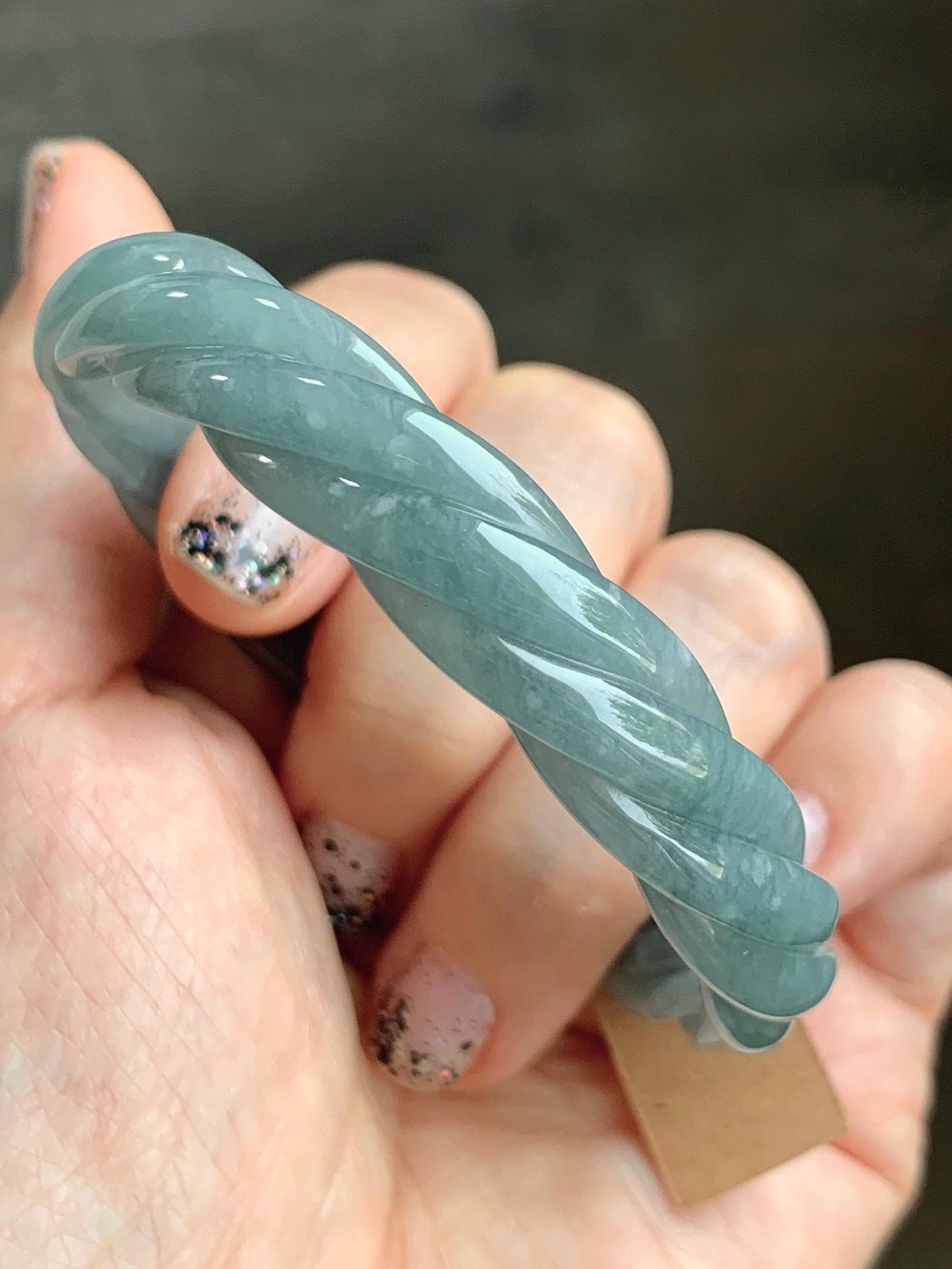 Certified Natural Grade A Guatemalan Icy Translucent Dark Dusty Blue Jade Jadeite Carved Braid Bangle 55.3mm 6.8” 27g 天然冰危暗蓝翡翠麻花手镯 081