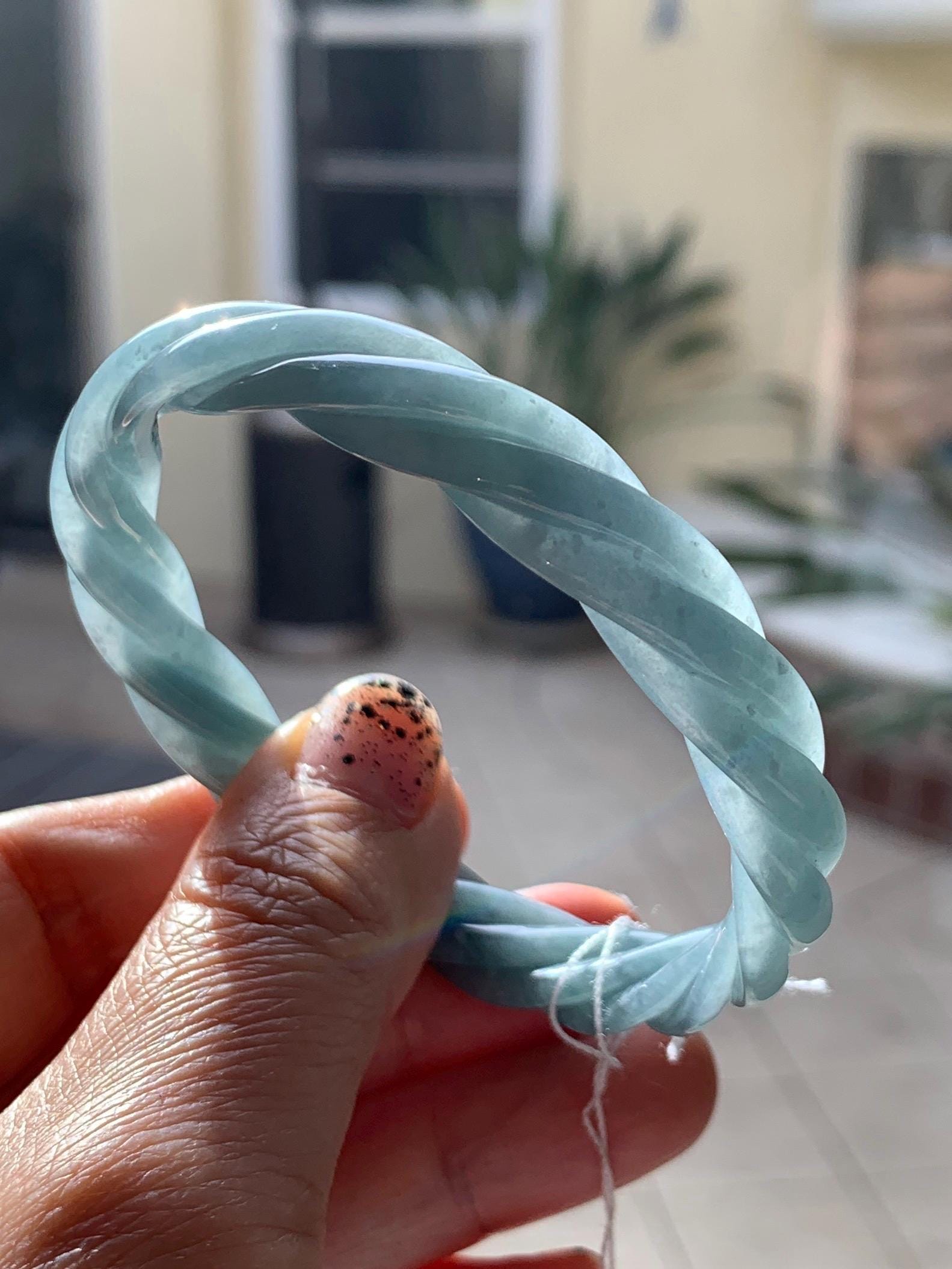 Certified Natural Grade A Guatemalan Icy Translucent Dark Dusty Blue Jade Jadeite Carved Braid Bangle 55.3mm 6.8” 27g 天然冰危暗蓝翡翠麻花手镯 081