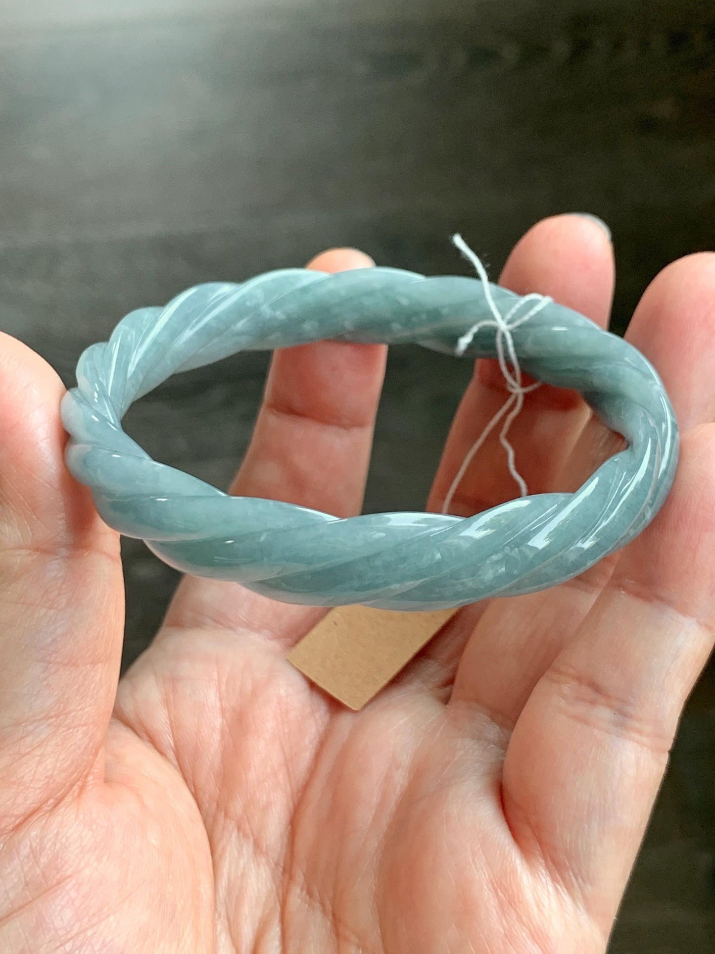 Certified Natural Grade A Guatemalan Icy Translucent Dark Dusty Blue Jade Jadeite Carved Braid Bangle 55.3mm 6.8” 27g 天然冰危暗蓝翡翠麻花手镯 081