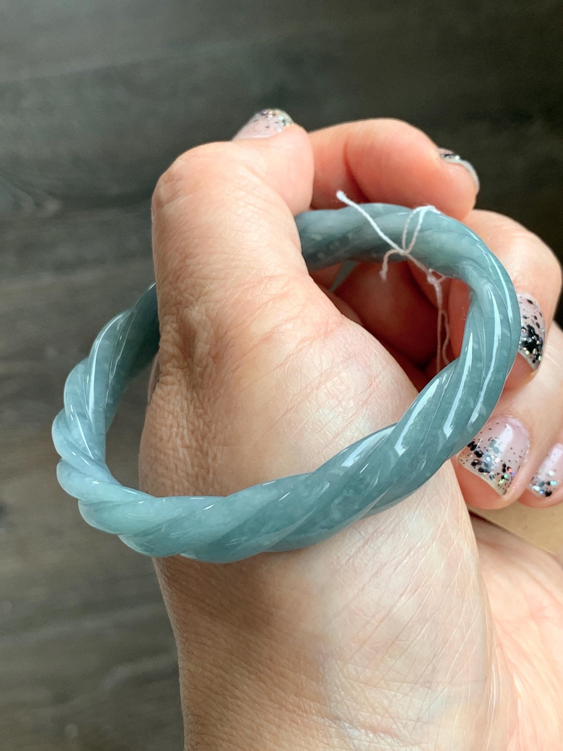 Certified Natural Grade A Guatemalan Icy Translucent Dark Dusty Blue Jade Jadeite Carved Braid Bangle 55.3mm 6.8” 27g 天然冰危暗蓝翡翠麻花手镯 081