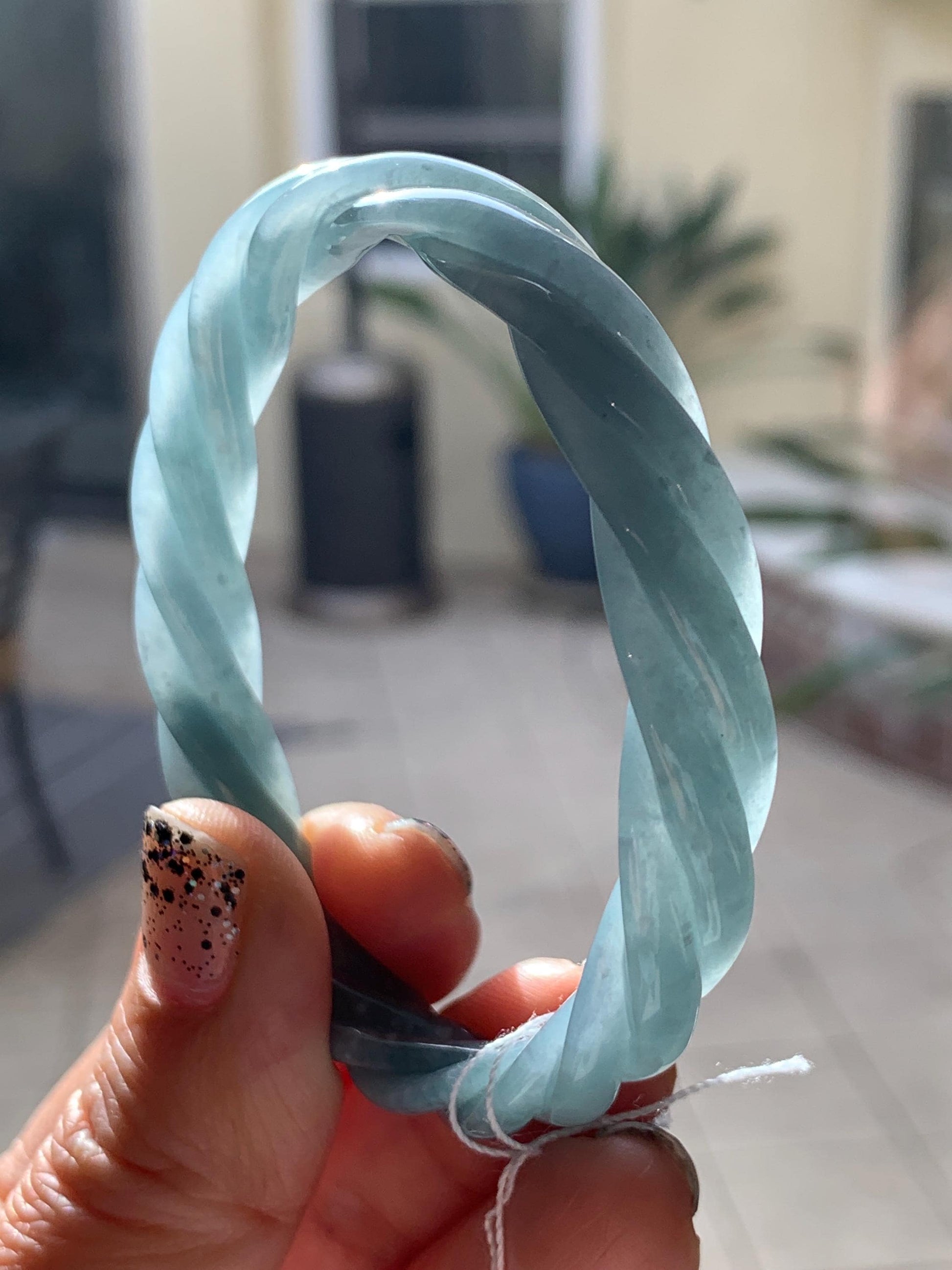 Certified Natural Grade A Guatemalan Icy Translucent Dark Dusty Blue Jade Jadeite Carved Braid Bangle 55.3mm 6.8” 27g 天然冰危暗蓝翡翠麻花手镯 081