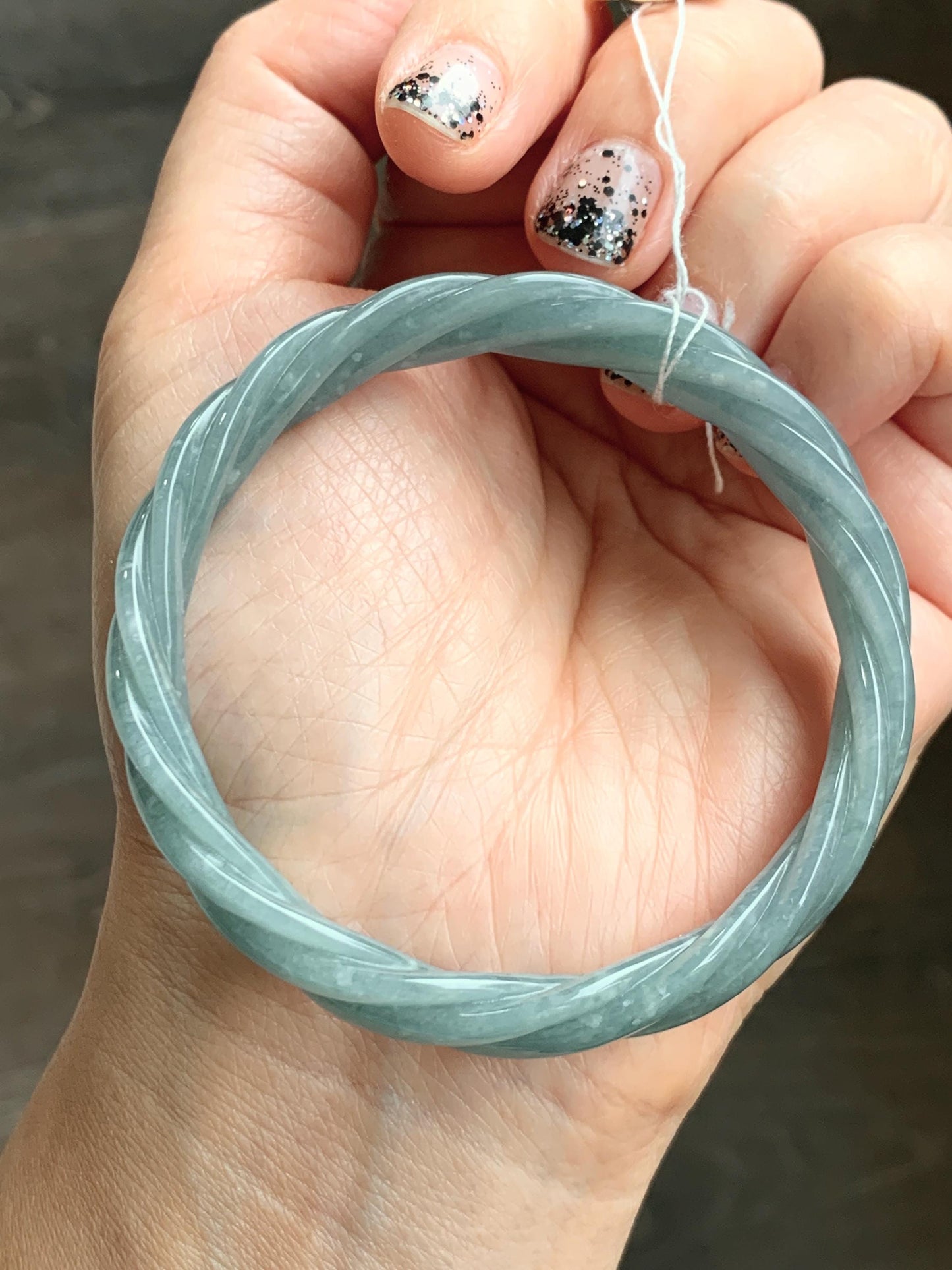 Certified Natural Grade A Guatemalan Icy Translucent Dark Dusty Blue Jade Jadeite Carved Braid Bangle 55.3mm 6.8” 27g 天然冰危暗蓝翡翠麻花手镯 081