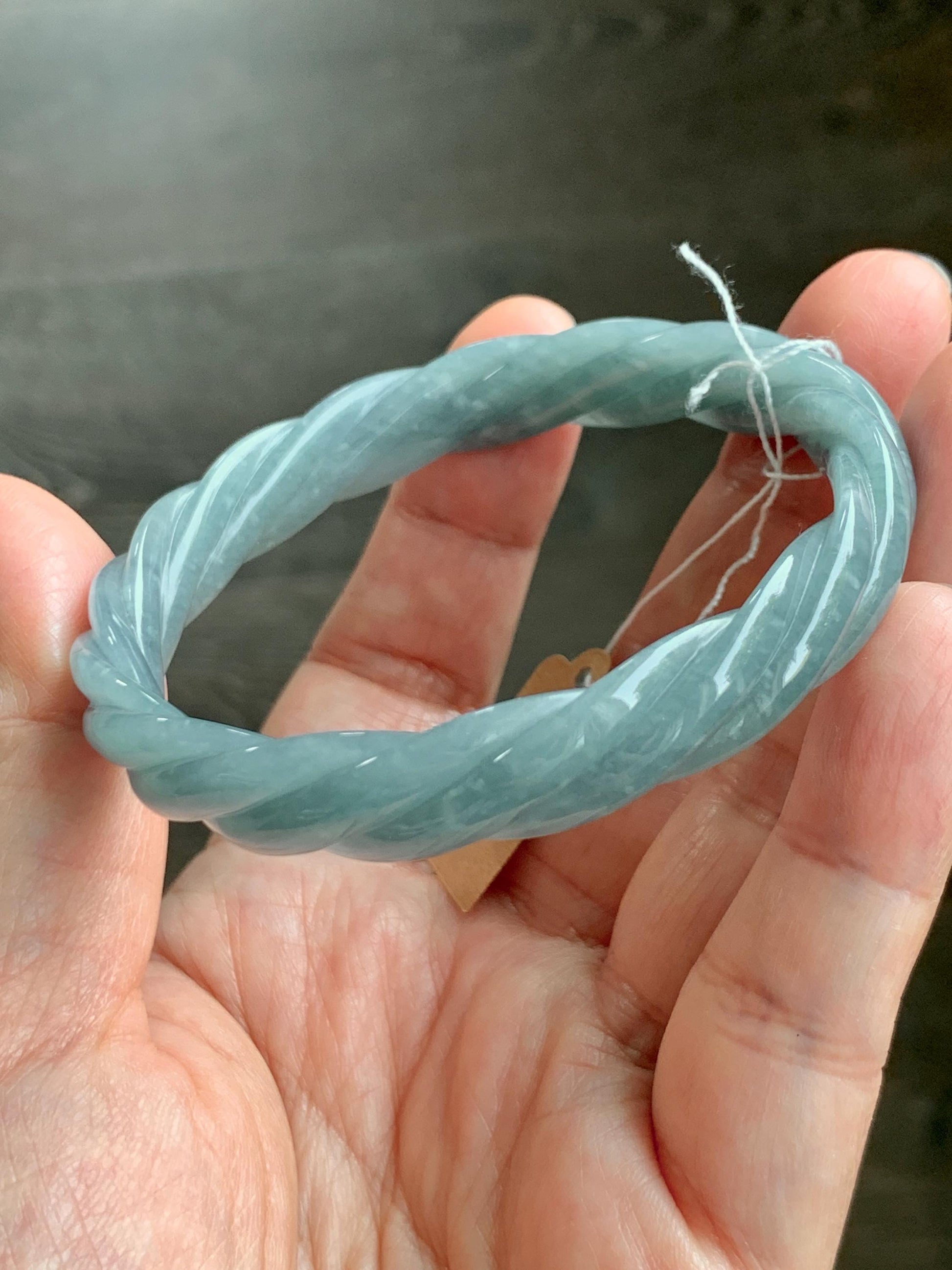 Certified Natural Grade A Guatemalan Icy Translucent Dark Dusty Blue Jade Jadeite Carved Braid Bangle 55.3mm 6.8” 27g 天然冰危暗蓝翡翠麻花手镯 081
