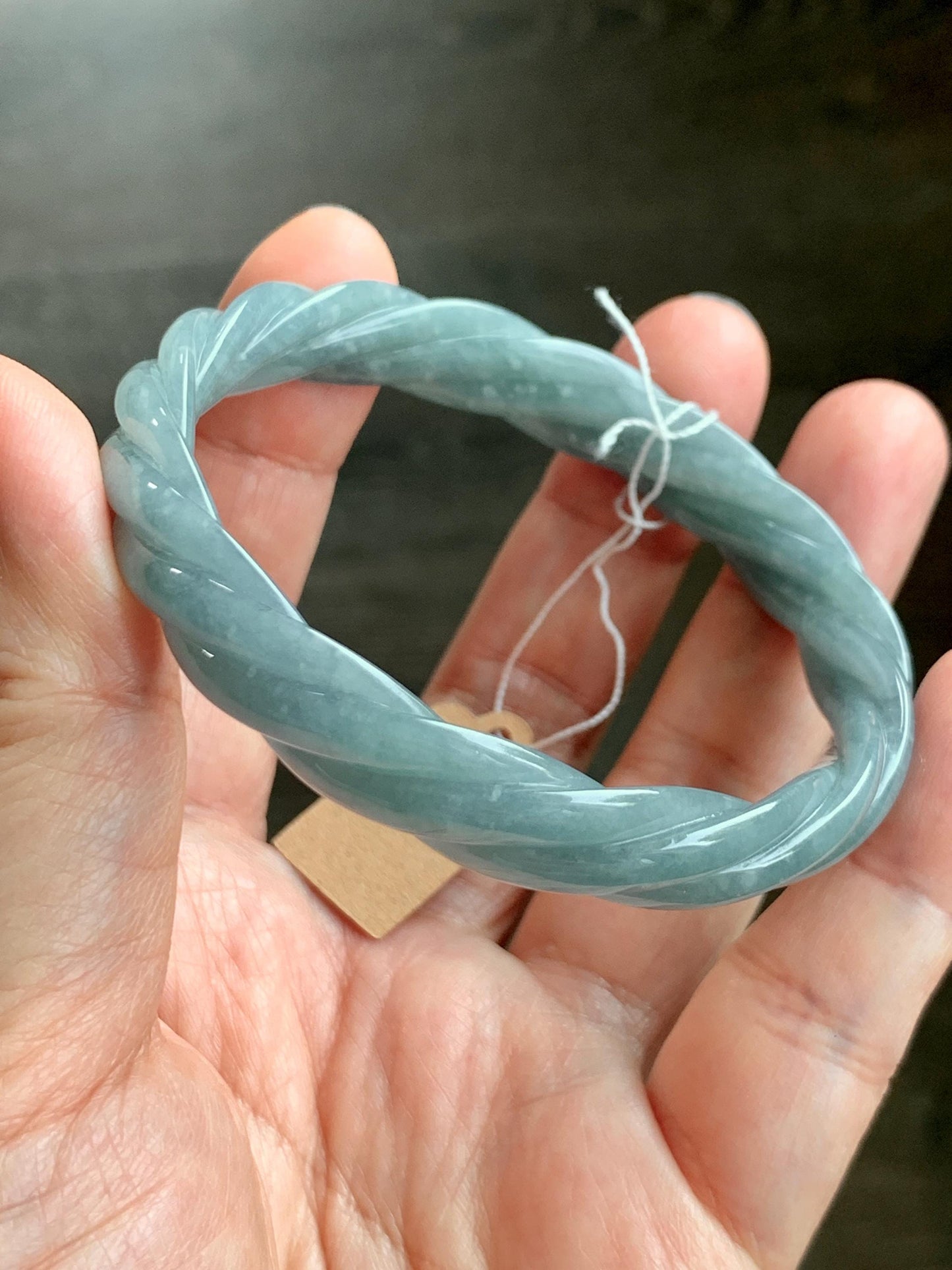 Certified Natural Grade A Guatemalan Icy Translucent Dark Dusty Blue Jade Jadeite Carved Braid Bangle 55.3mm 6.8” 27g 天然冰危暗蓝翡翠麻花手镯 081