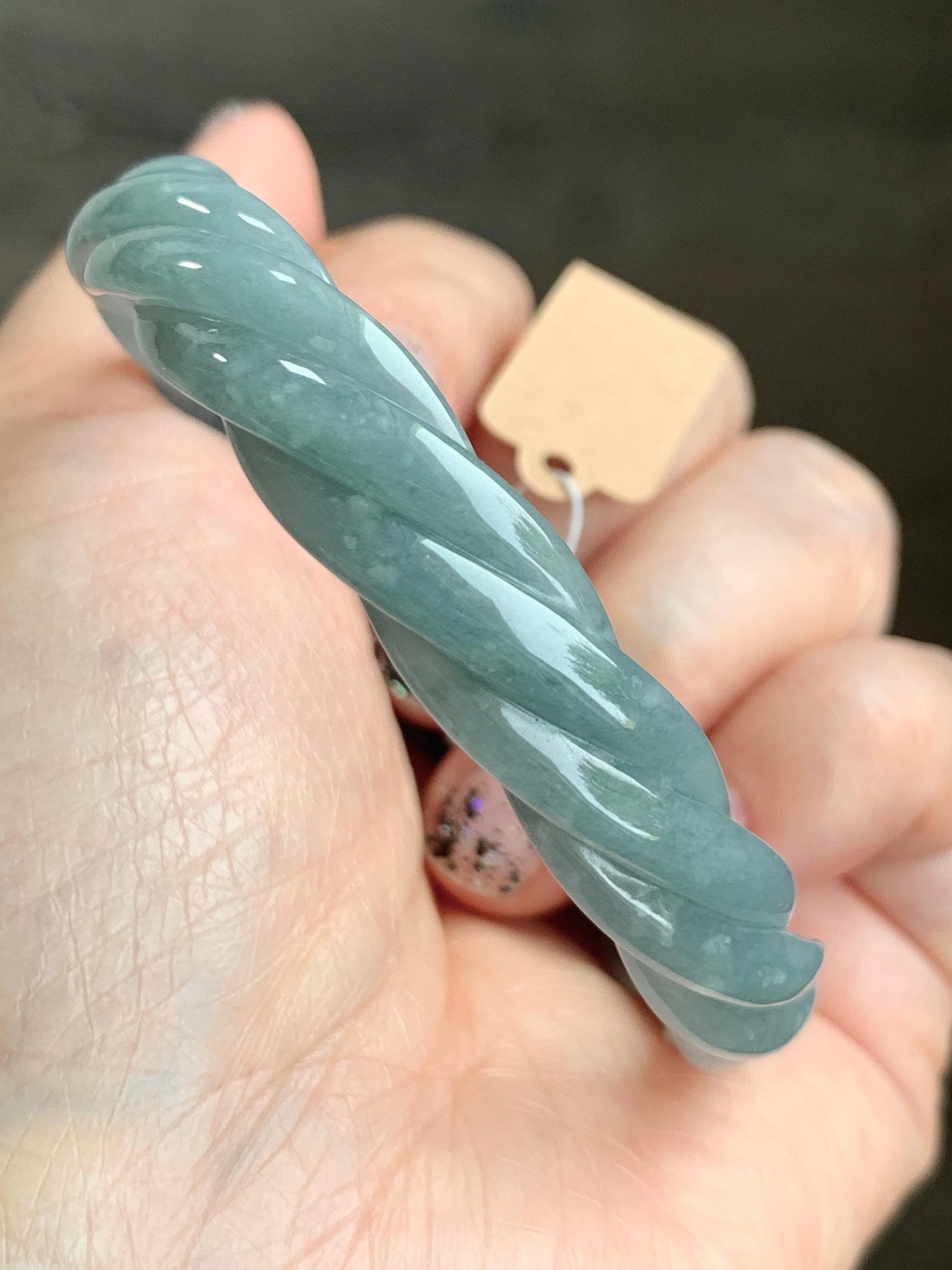 Certified Natural Grade A Guatemalan Icy Translucent Dark Dusty Blue Jade Jadeite Carved Braid Bangle 55.3mm 6.8” 27g 天然冰危暗蓝翡翠麻花手镯 081