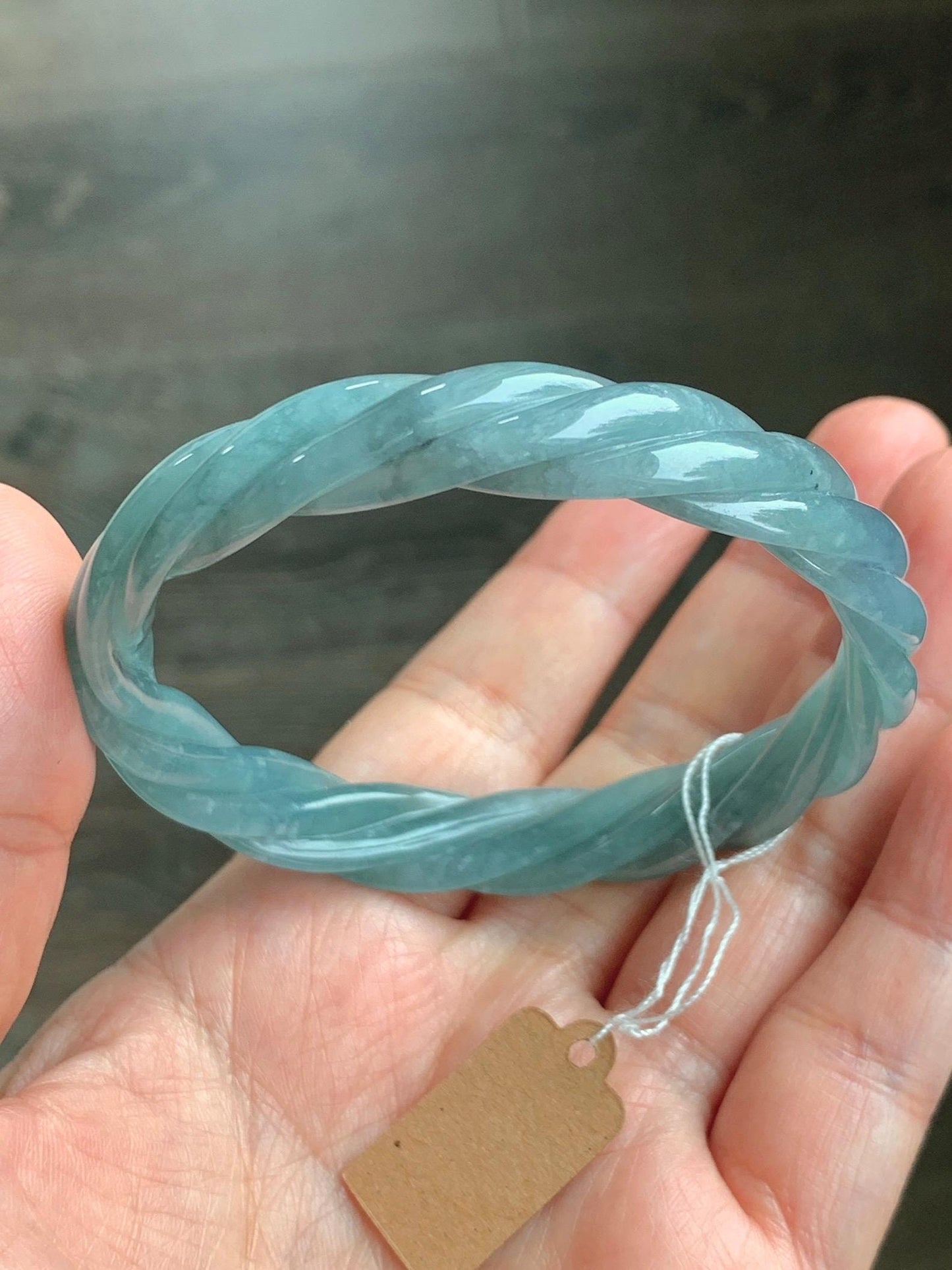 Certified Natural Grade A Guatemalan Icy Translucent Dusty Blue Wuji Jade Jadeite Carved Braid Bangle 57.8mm 7.14” 31g 天然冰危暗蓝乌鸡翡翠麻花手镯 076