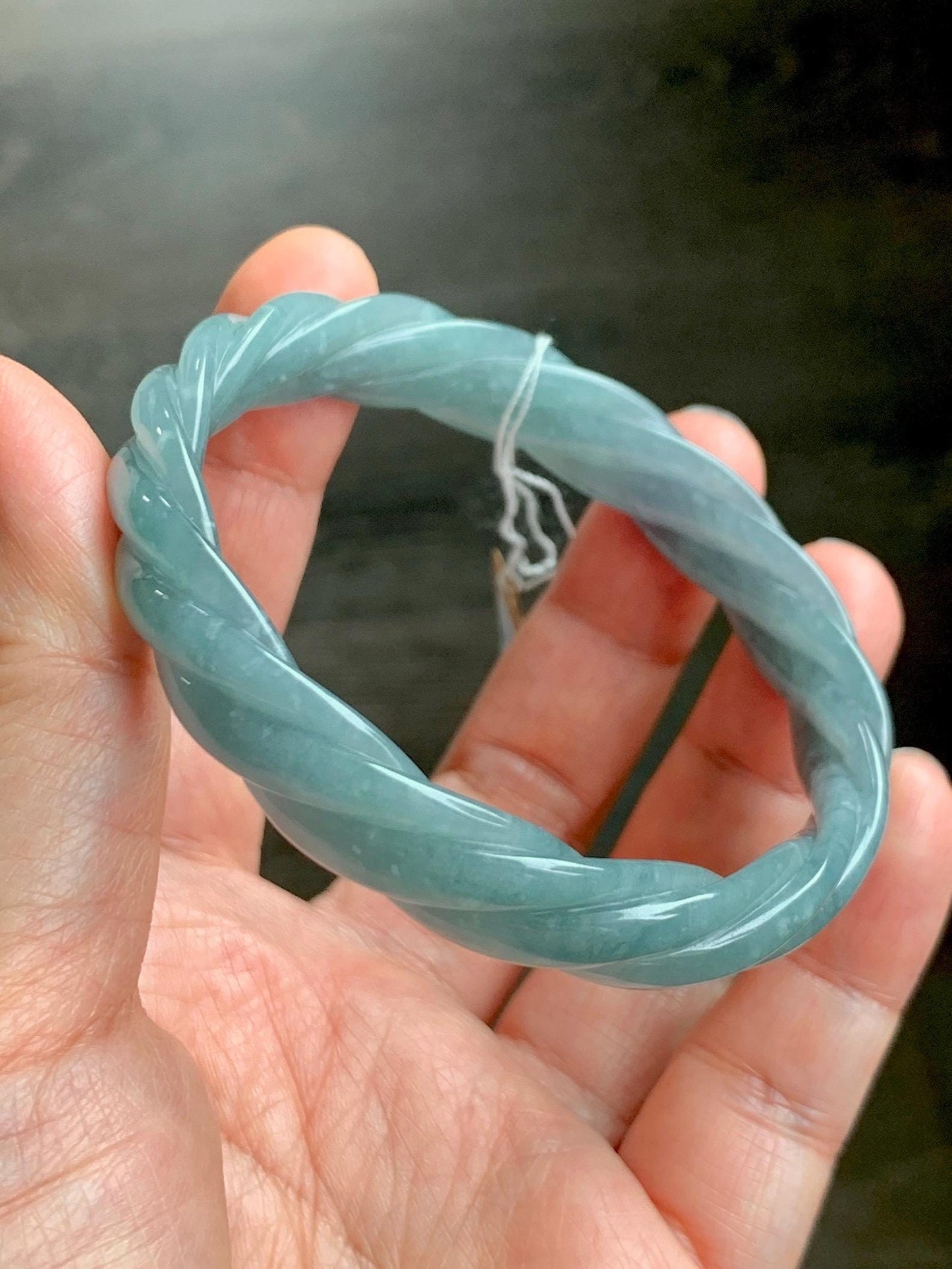 Certified Natural Grade A Guatemalan Icy Translucent Dusty Blue Wuji Jade Jadeite Carved Braid Bangle 57.8mm 7.14” 31g 天然冰危暗蓝乌鸡翡翠麻花手镯 076