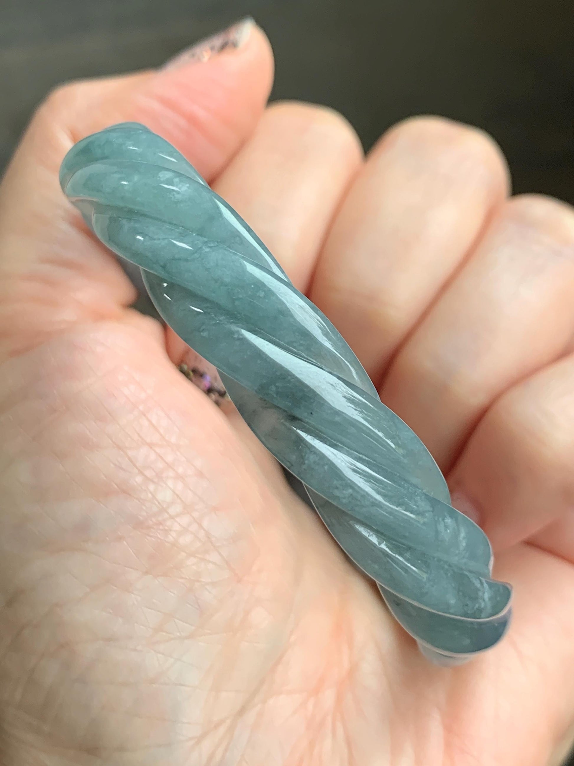 Certified Natural Grade A Guatemalan Icy Translucent Dusty Blue Wuji Jade Jadeite Carved Braid Bangle 57.8mm 7.14” 31g 天然冰危暗蓝乌鸡翡翠麻花手镯 076