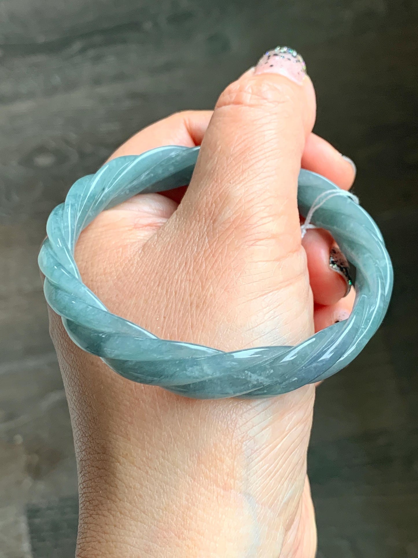 Certified Natural Grade A Guatemalan Icy Translucent Dusty Blue Wuji Jade Jadeite Carved Braid Bangle 57.8mm 7.14” 31g 天然冰危暗蓝乌鸡翡翠麻花手镯 076