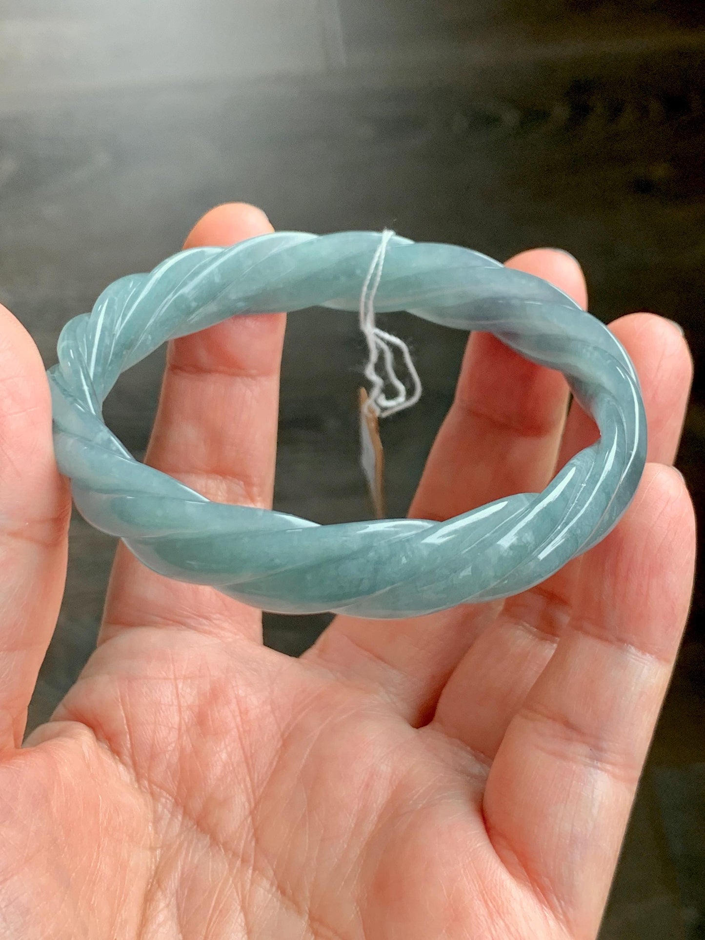Certified Natural Grade A Guatemalan Icy Translucent Dusty Blue Wuji Jade Jadeite Carved Braid Bangle 57.8mm 7.14” 31g 天然冰危暗蓝乌鸡翡翠麻花手镯 076
