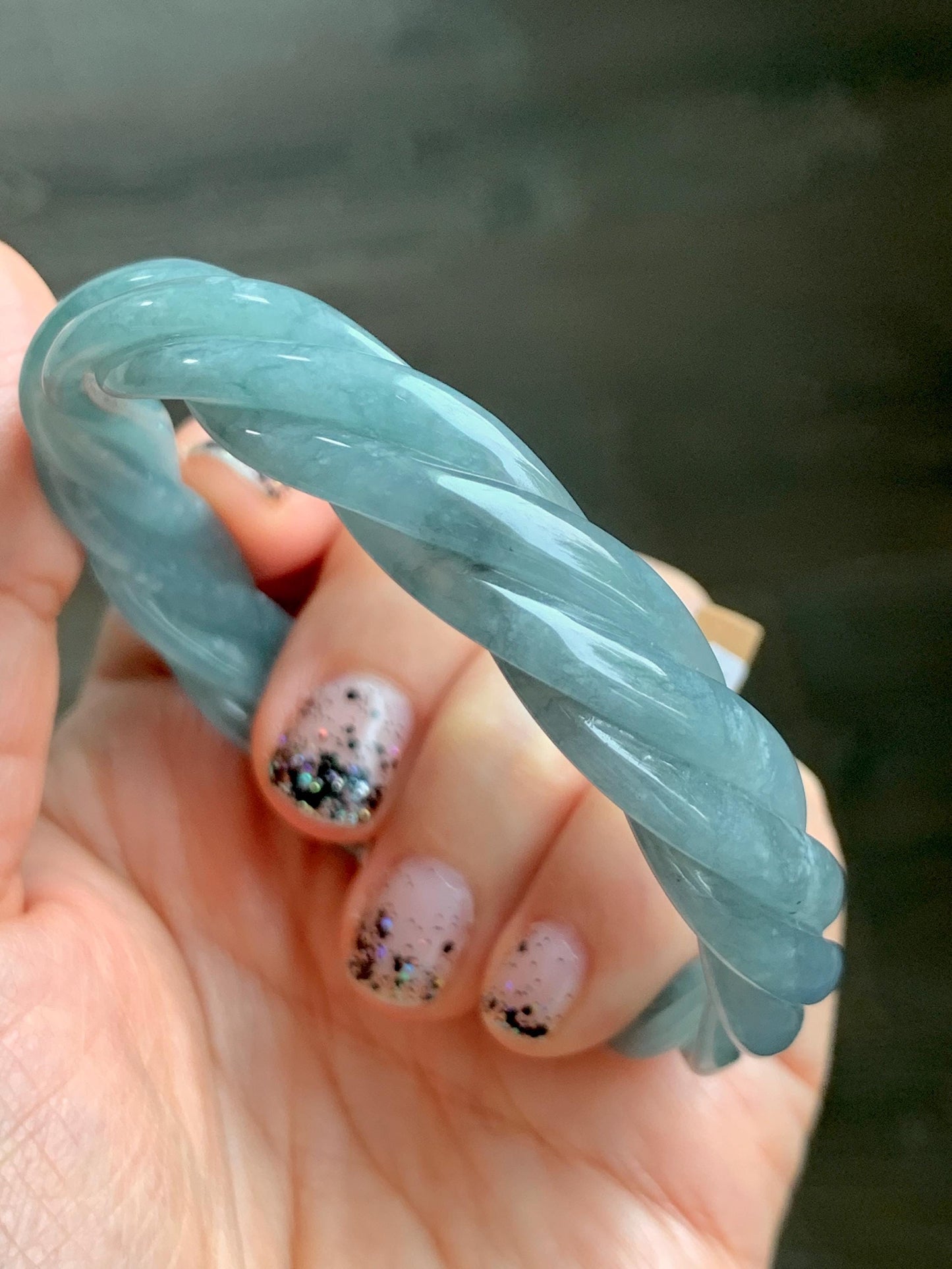 Certified Natural Grade A Guatemalan Icy Translucent Dusty Blue Wuji Jade Jadeite Carved Braid Bangle 57.8mm 7.14” 31g 天然冰危暗蓝乌鸡翡翠麻花手镯 076