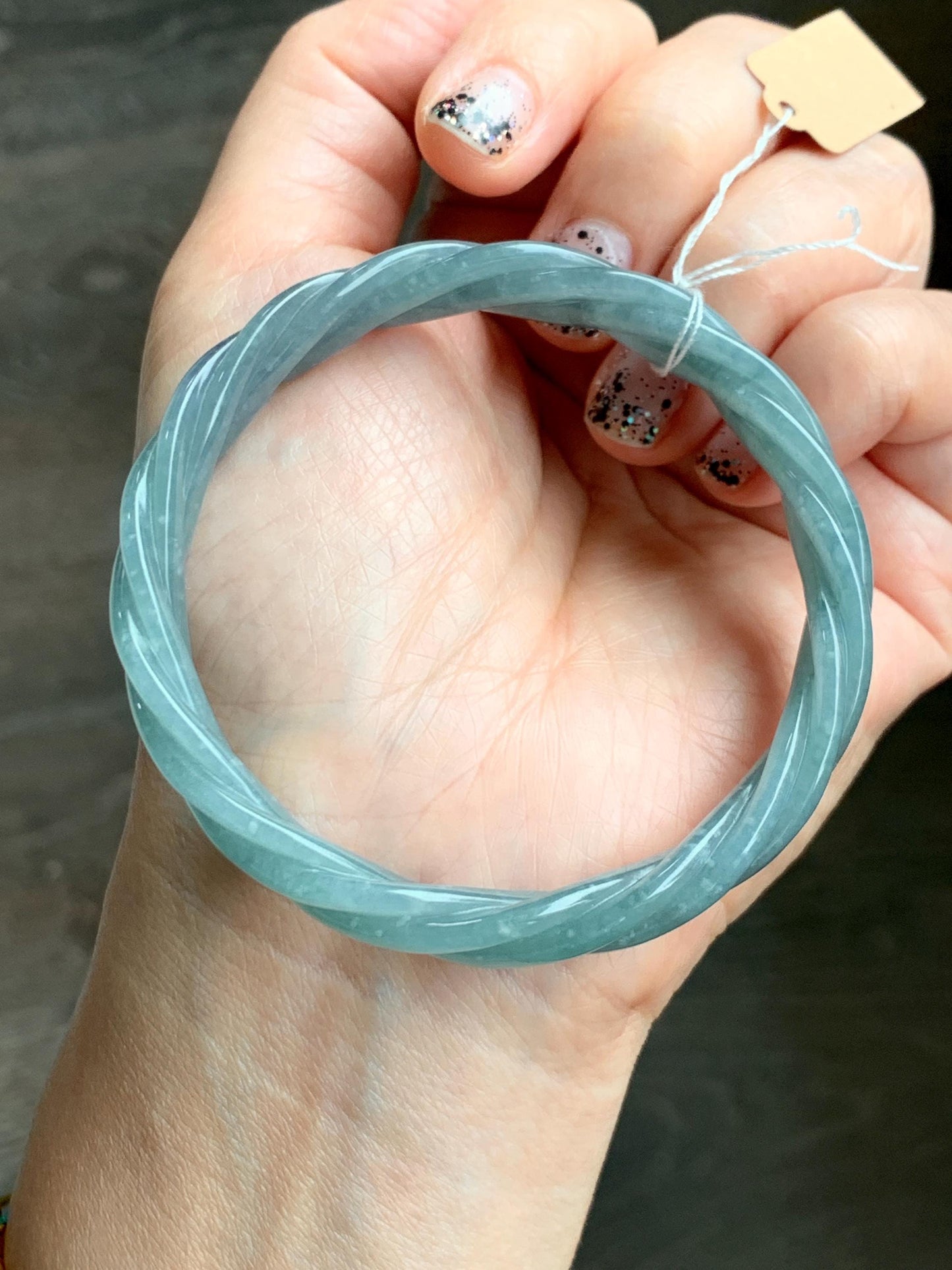 Certified Natural Grade A Guatemalan Icy Translucent Dusty Blue Wuji Jade Jadeite Carved Braid Bangle 57.8mm 7.14” 31g 天然冰危暗蓝乌鸡翡翠麻花手镯 076