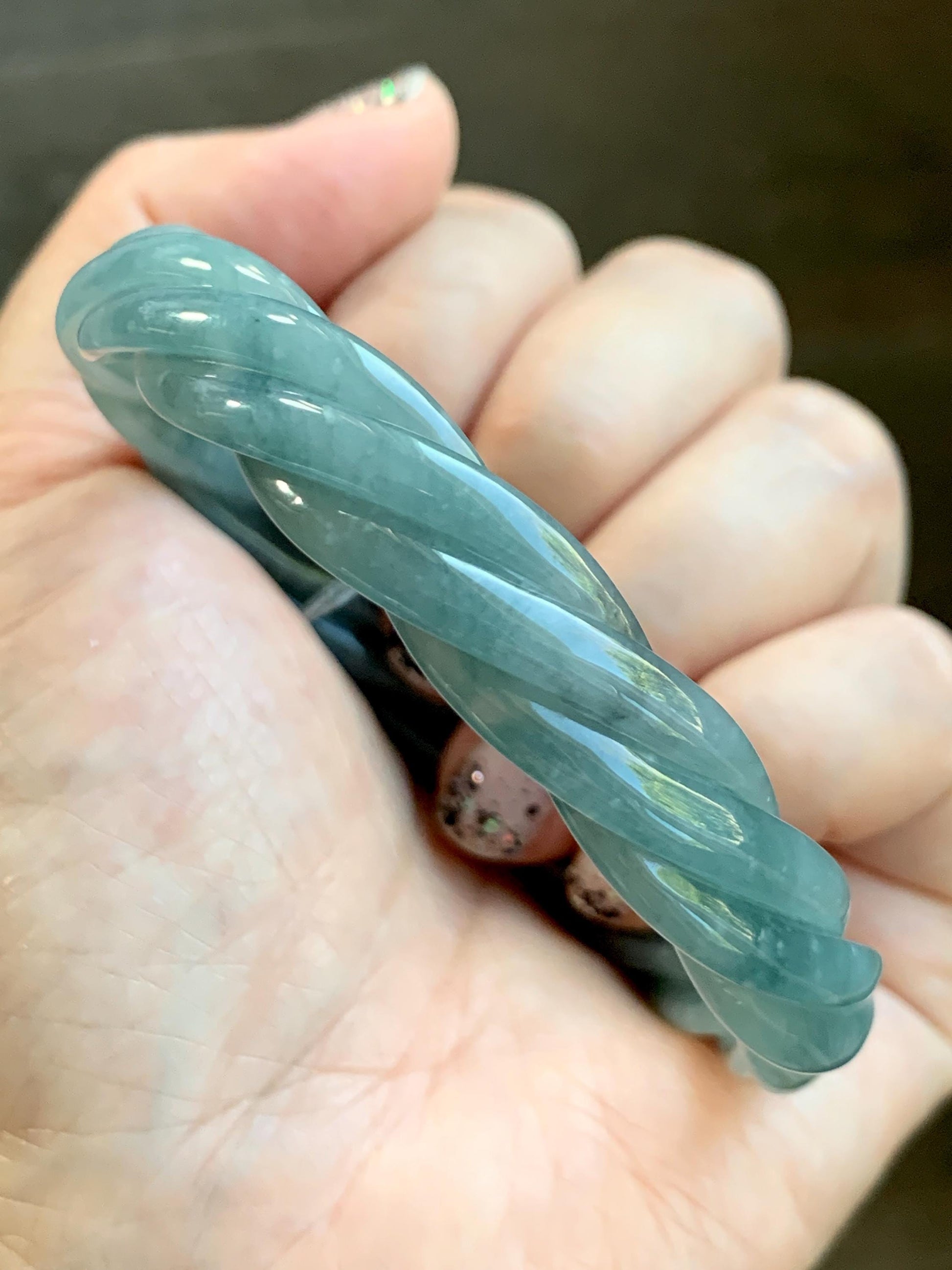 Certified Natural Grade A Guatemalan Icy Translucent Dusty Blue Wuji Jade Jadeite Carved Braid Bangle 60mm 7.4” 31g 天然冰危暗蓝乌鸡翡翠麻花手镯 085