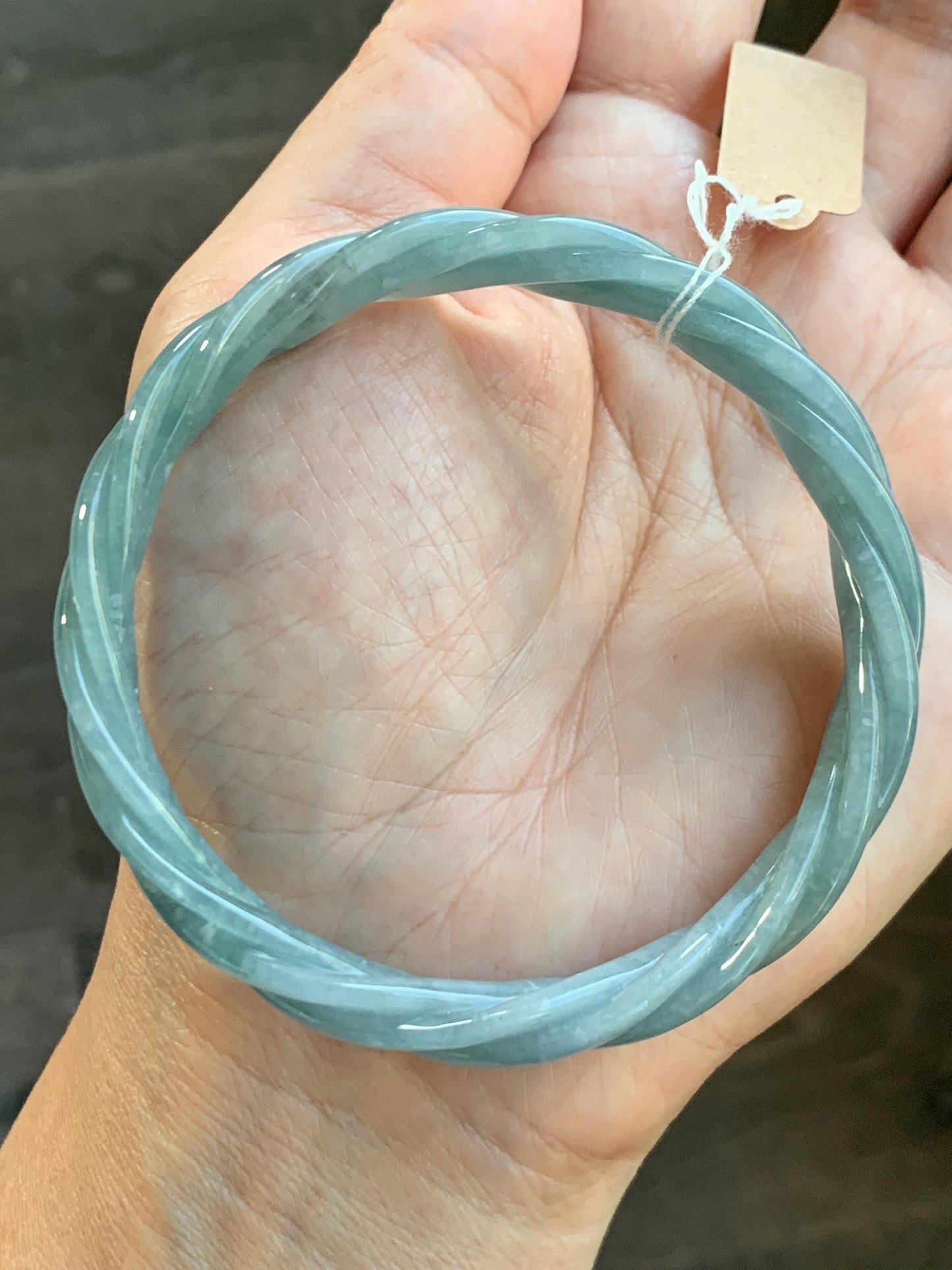 Certified Natural Grade A Guatemalan Icy Translucent Dusty Blue Wuji Jade Jadeite Carved Braid Bangle 60mm 7.4” 31g 天然冰危暗蓝乌鸡翡翠麻花手镯 085