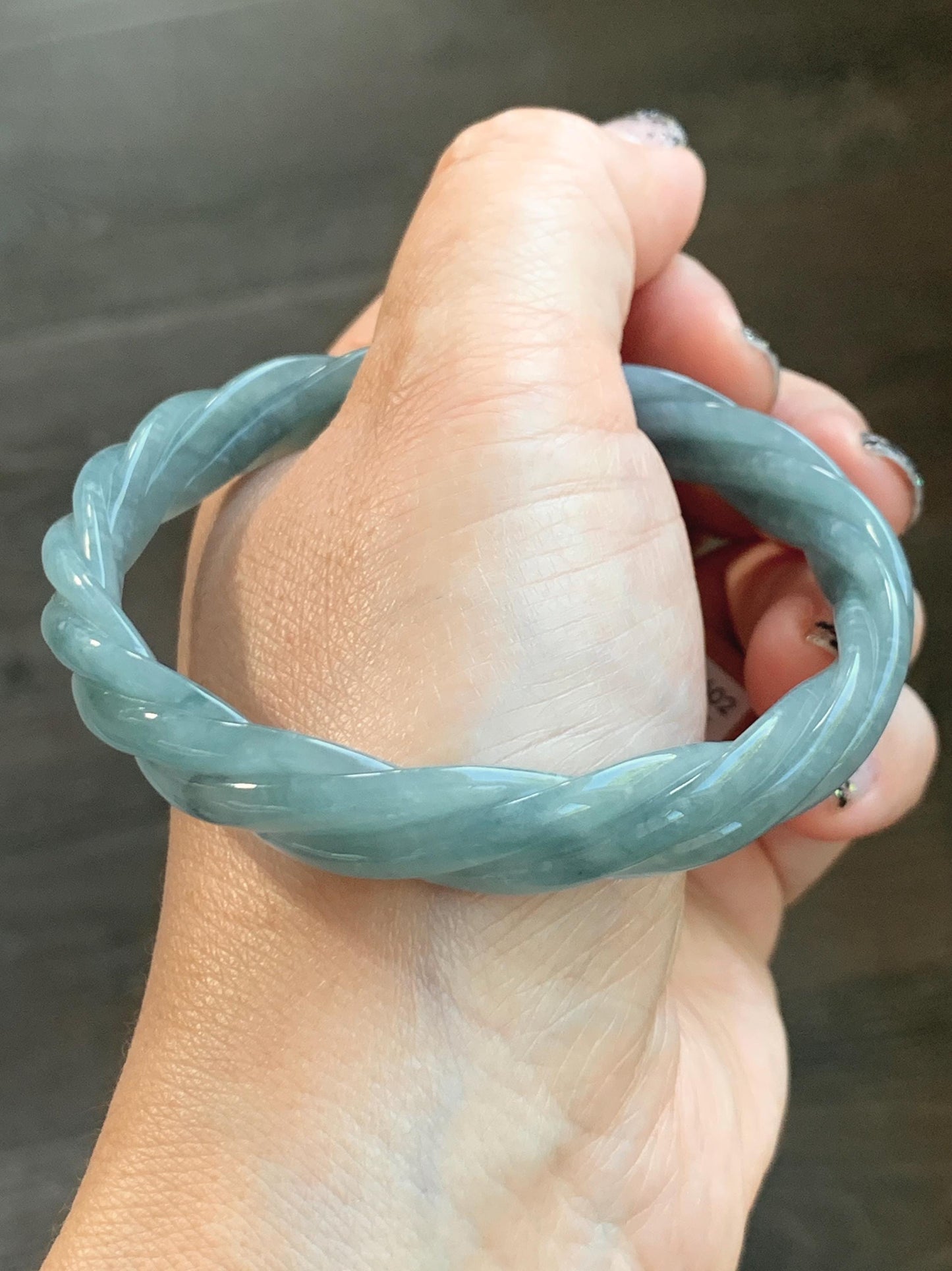 Certified Natural Grade A Guatemalan Icy Translucent Dusty Blue Wuji Jade Jadeite Carved Braid Bangle 60mm 7.4” 31g 天然冰危暗蓝乌鸡翡翠麻花手镯 085