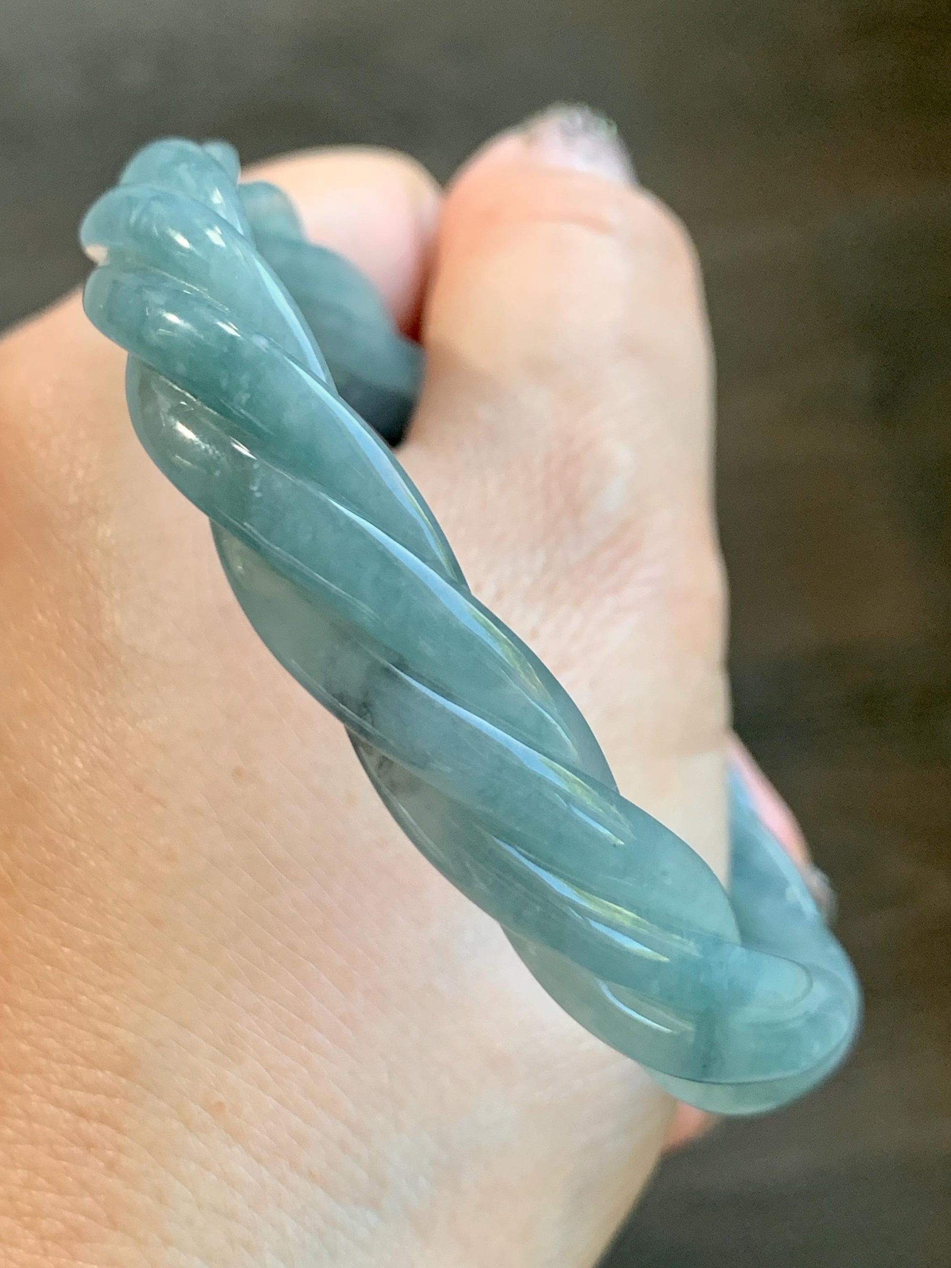 Certified Natural Grade A Guatemalan Icy Translucent Dusty Blue Wuji Jade Jadeite Carved Braid Bangle 60mm 7.4” 31g 天然冰危暗蓝乌鸡翡翠麻花手镯 085