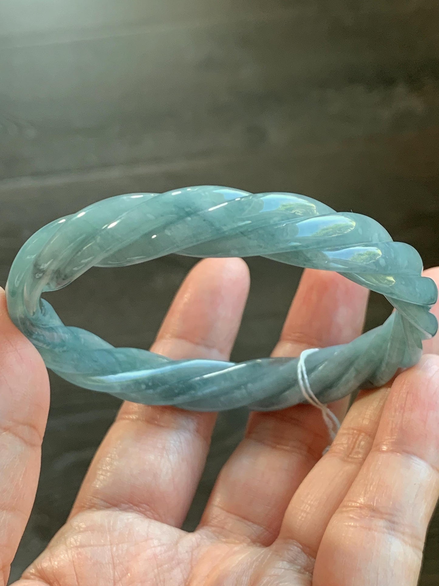 Certified Natural Grade A Guatemalan Icy Translucent Dusty Blue Wuji Jade Jadeite Carved Braid Bangle 60mm 7.4” 31g 天然冰危暗蓝乌鸡翡翠麻花手镯 085