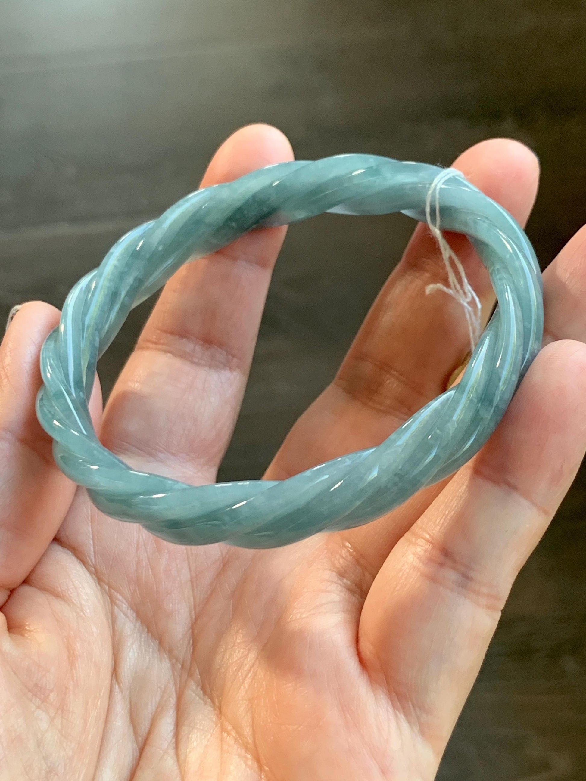 Certified Natural Grade A Guatemalan Icy Translucent Dusty Blue Wuji Jade Jadeite Carved Braid Bangle 60mm 7.4” 31g 天然冰危暗蓝乌鸡翡翠麻花手镯 085