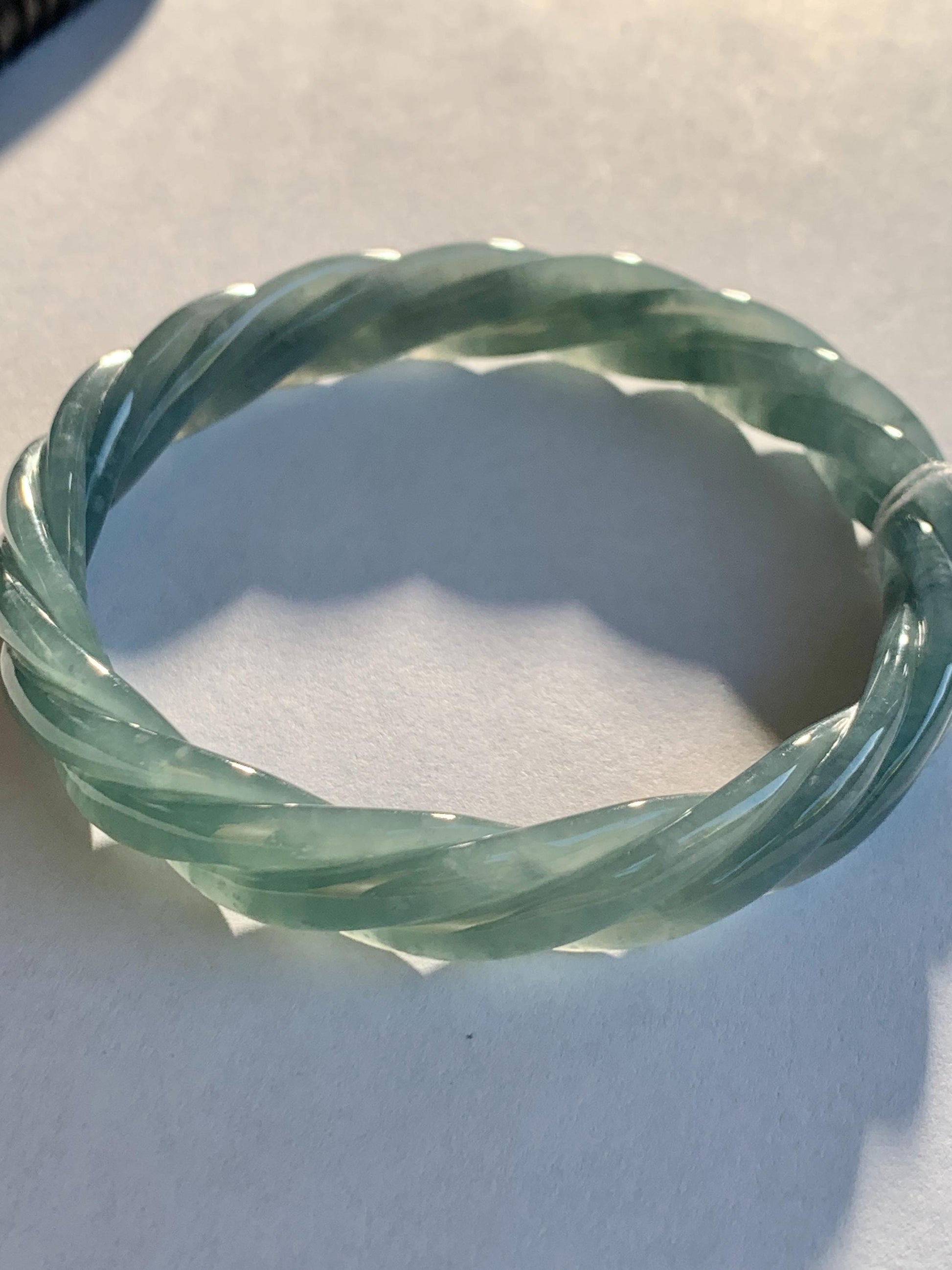 Certified Natural Grade A Guatemalan Icy Translucent Dusty Blue Wuji Jade Jadeite Carved Braid Bangle 61.6mm 7.6” 38g 天然冰危暗蓝乌鸡翡翠麻花手镯 086