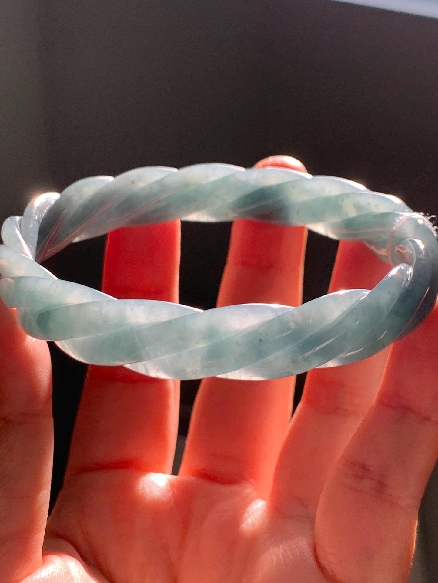 Certified Natural Grade A Guatemalan Icy Translucent Dusty Blue Wuji Jade Jadeite Carved Braid Bangle 61.6mm 7.6” 38g 天然冰危暗蓝乌鸡翡翠麻花手镯 086