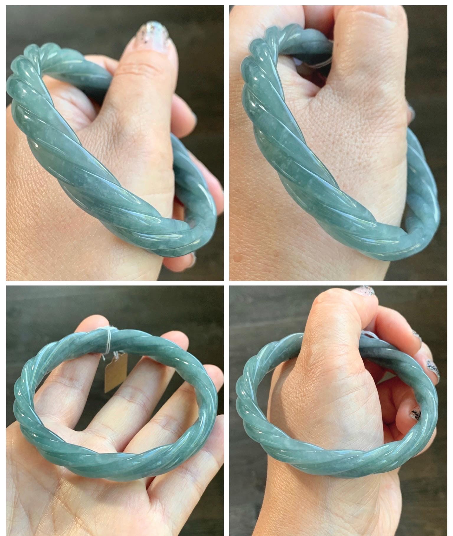 Certified Natural Grade A Guatemalan Icy Translucent Dusty Blue Wuji Jade Jadeite Carved Braid Bangle 61.6mm 7.6” 38g 天然冰危暗蓝乌鸡翡翠麻花手镯 086