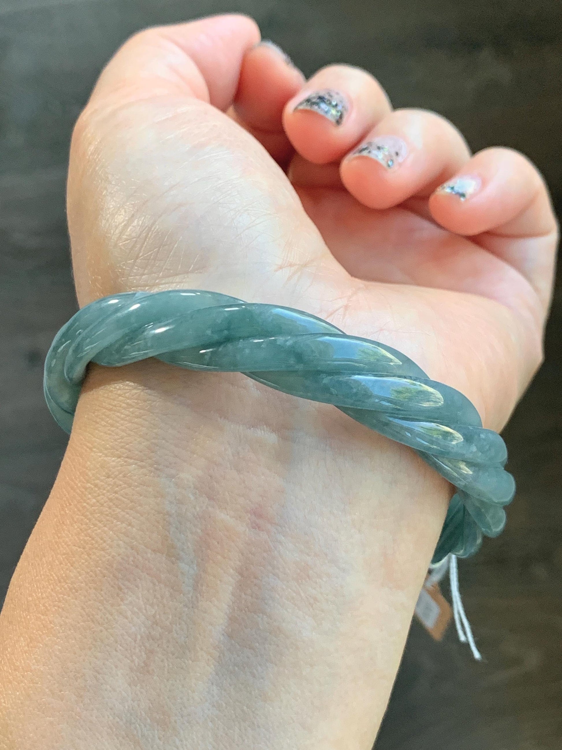 Certified Natural Grade A Guatemalan Icy Translucent Dusty Blue Wuji Jade Jadeite Carved Braid Bangle 61.6mm 7.6” 38g 天然冰危暗蓝乌鸡翡翠麻花手镯 086