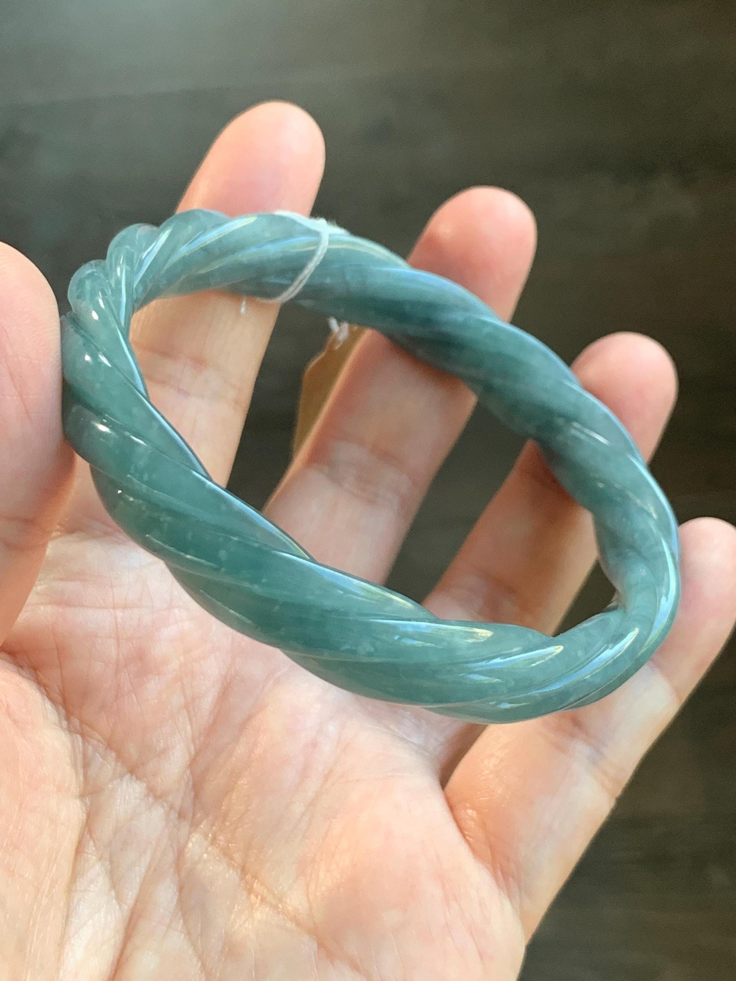 Certified Natural Grade A Guatemalan Icy Translucent Dusty Blue Wuji Jade Jadeite Carved Braid Bangle 61.6mm 7.6” 38g 天然冰危暗蓝乌鸡翡翠麻花手镯 086