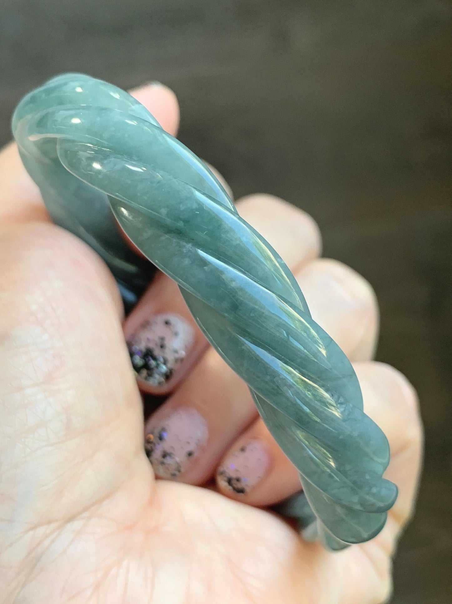 Certified Natural Grade A Guatemalan Icy Translucent Dusty Blue Wuji Jade Jadeite Carved Braid Bangle 61.6mm 7.6” 38g 天然冰危暗蓝乌鸡翡翠麻花手镯 086