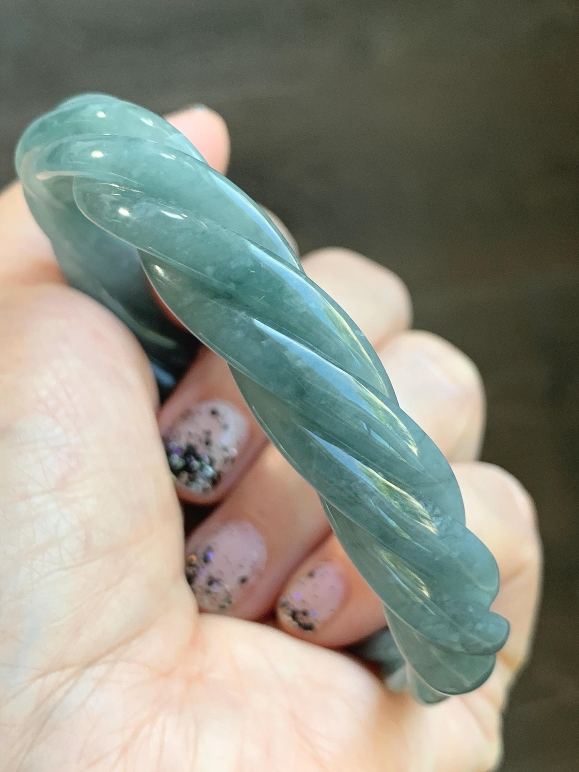 Certified Natural Grade A Guatemalan Icy Translucent Dusty Blue Wuji Jade Jadeite Carved Braid Bangle 61.6mm 7.6” 38g 天然冰危暗蓝乌鸡翡翠麻花手镯 086
