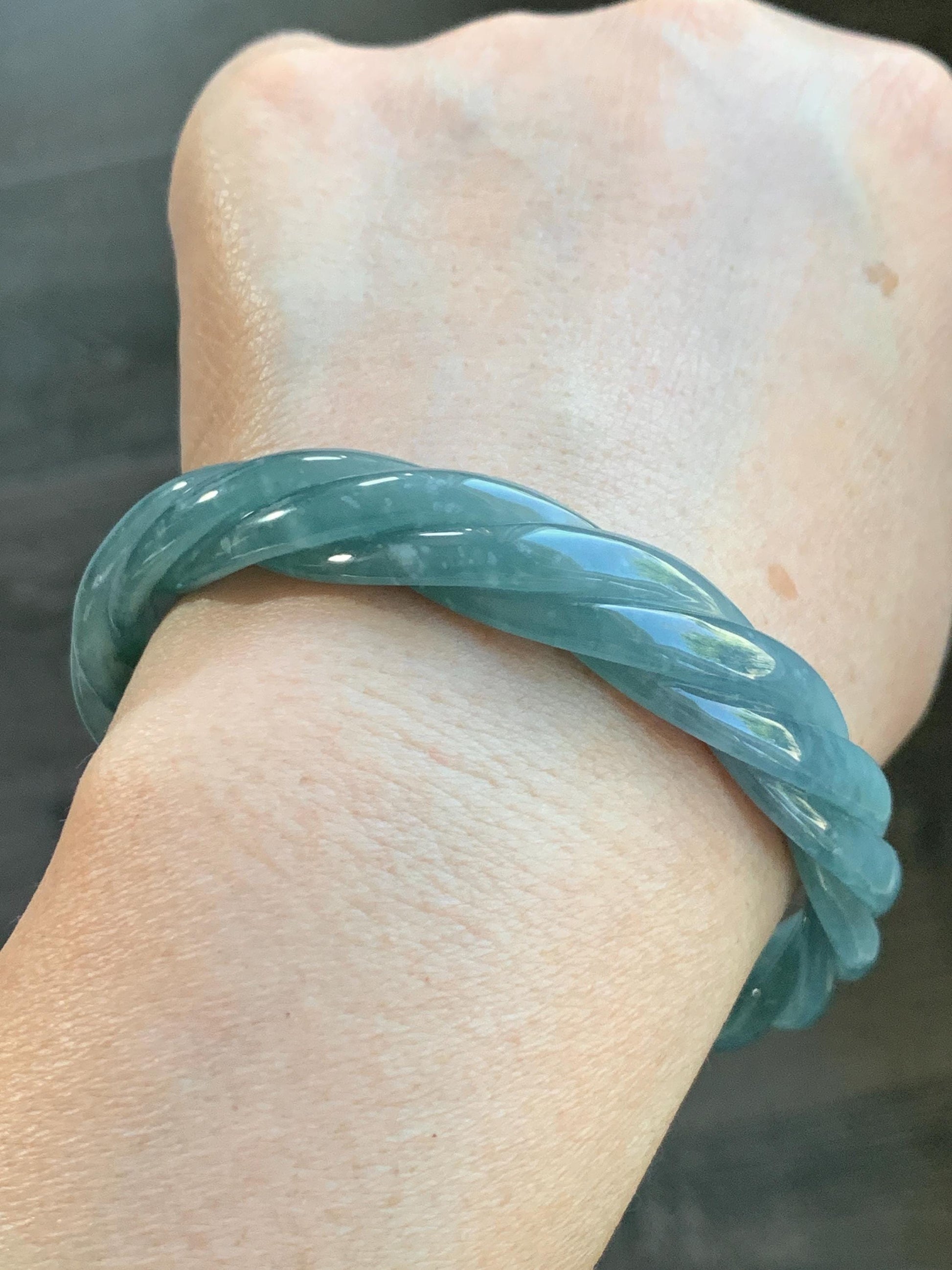 Certified Natural Grade A Guatemalan Icy Translucent Dusty Blue Wuji Jade Jadeite Carved Braid Bangle 61.6mm 7.6” 38g 天然冰危暗蓝乌鸡翡翠麻花手镯 086