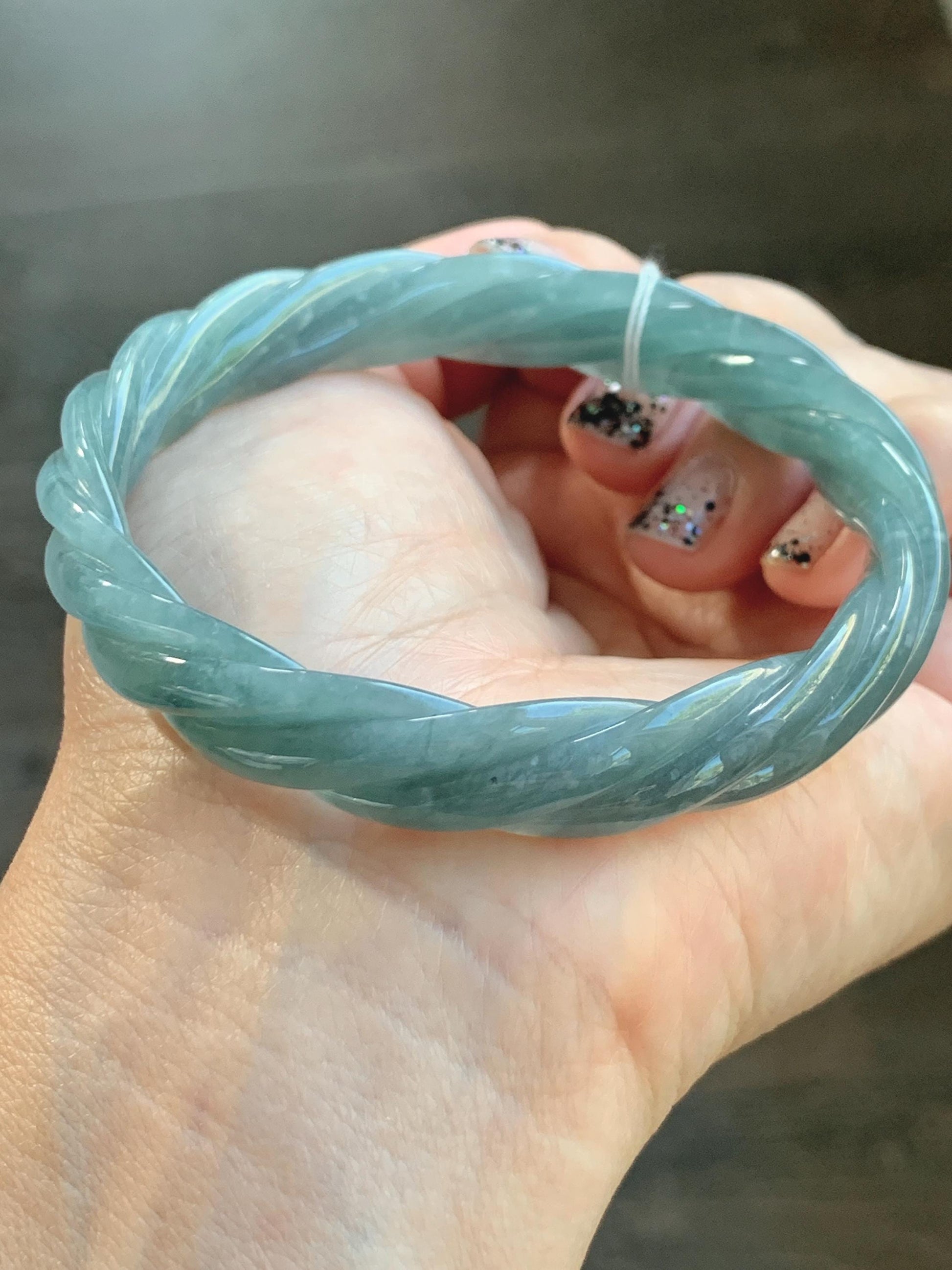 Certified Natural Grade A Guatemalan Icy Translucent Dusty Blue Wuji Jade Jadeite Carved Braid Bangle 61.6mm 7.6” 38g 天然冰危暗蓝乌鸡翡翠麻花手镯 086