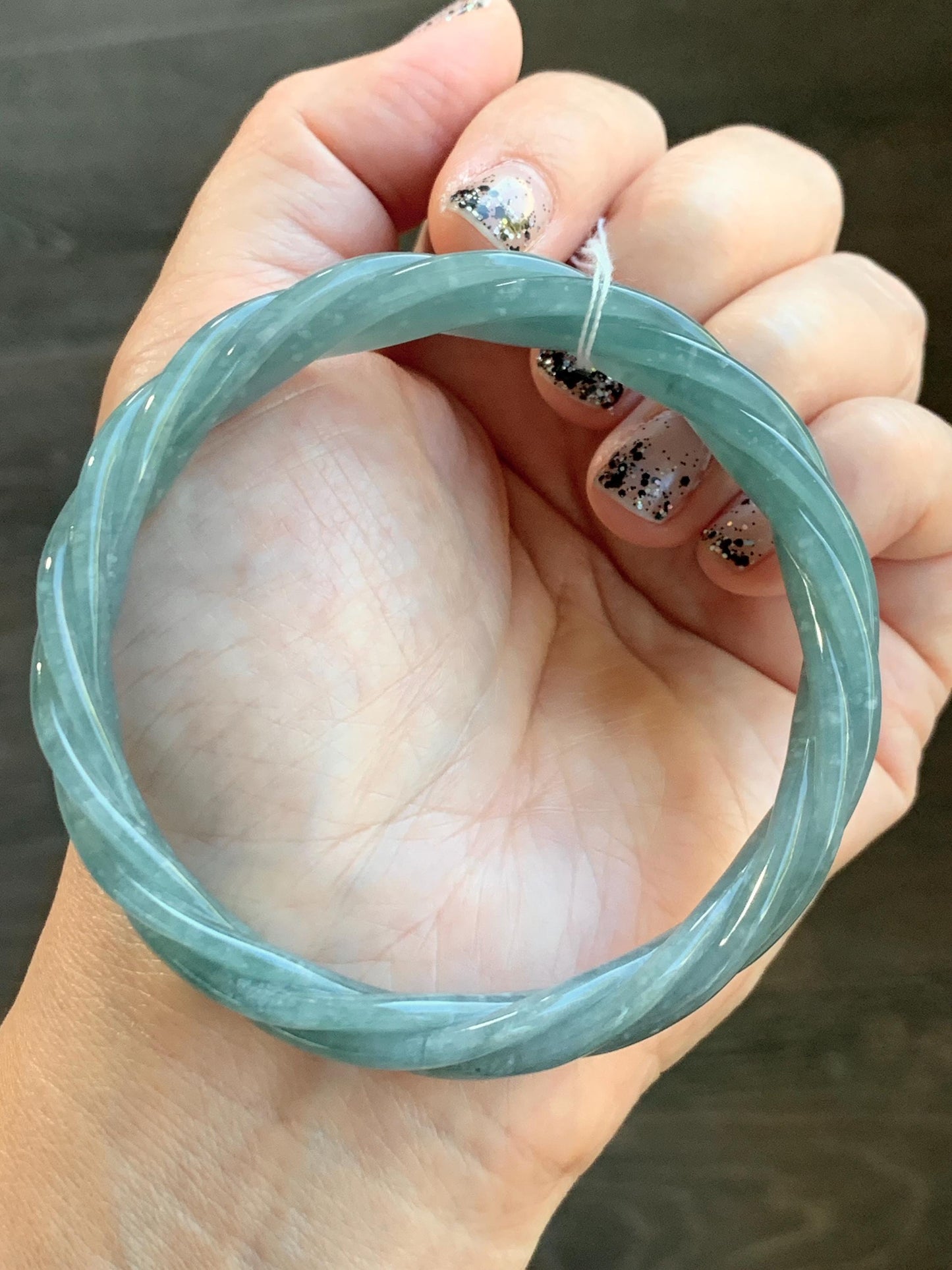 Certified Natural Grade A Guatemalan Icy Translucent Dusty Blue Wuji Jade Jadeite Carved Braid Bangle 61.6mm 7.6” 38g 天然冰危暗蓝乌鸡翡翠麻花手镯 086