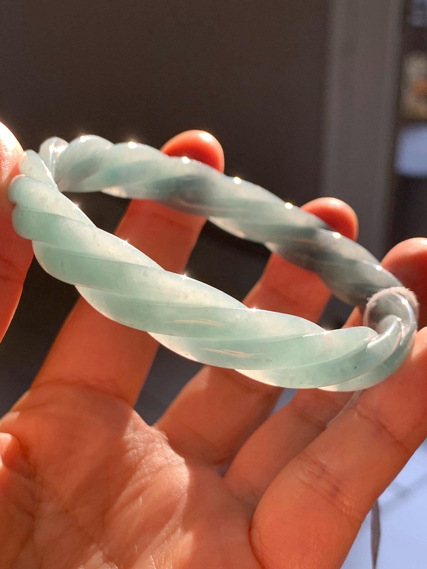 Certified Natural Grade A Guatemalan Icy Translucent Dark Dusty Blue Jade Jadeite Carved Braid Bangle 62.8mm 7.76” 36g 天然冰危暗蓝翡翠麻花手镯 087