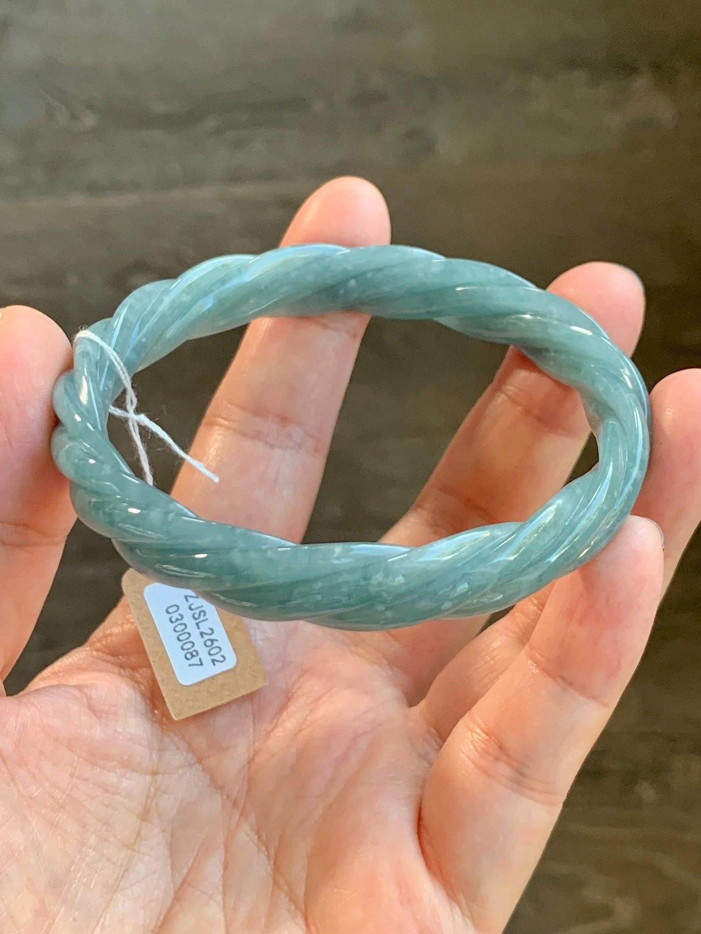 Certified Natural Grade A Guatemalan Icy Translucent Dark Dusty Blue Jade Jadeite Carved Braid Bangle 62.8mm 7.76” 36g 天然冰危暗蓝翡翠麻花手镯 087