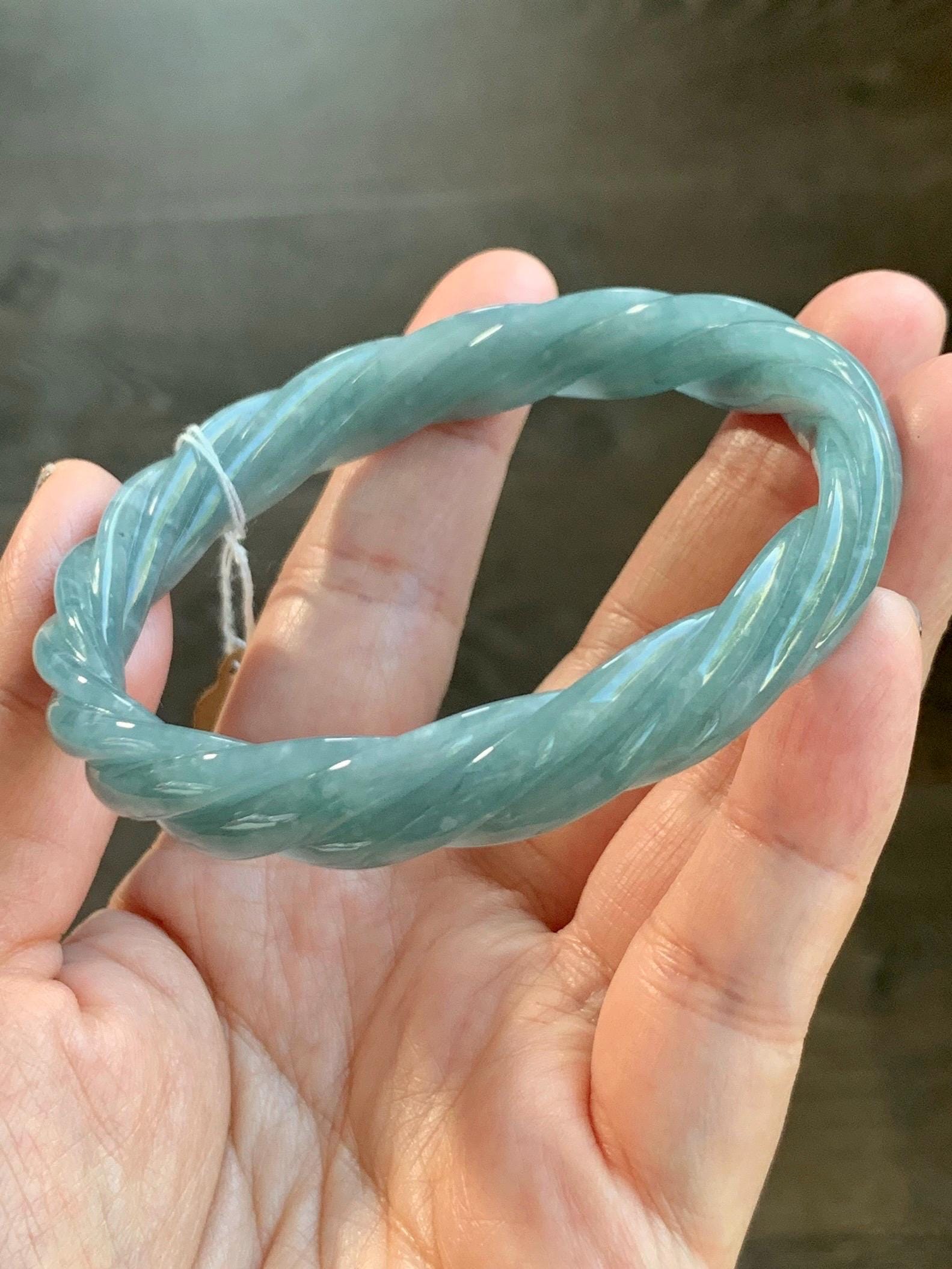 Certified Natural Grade A Guatemalan Icy Translucent Dark Dusty Blue Jade Jadeite Carved Braid Bangle 62.8mm 7.76” 36g 天然冰危暗蓝翡翠麻花手镯 087