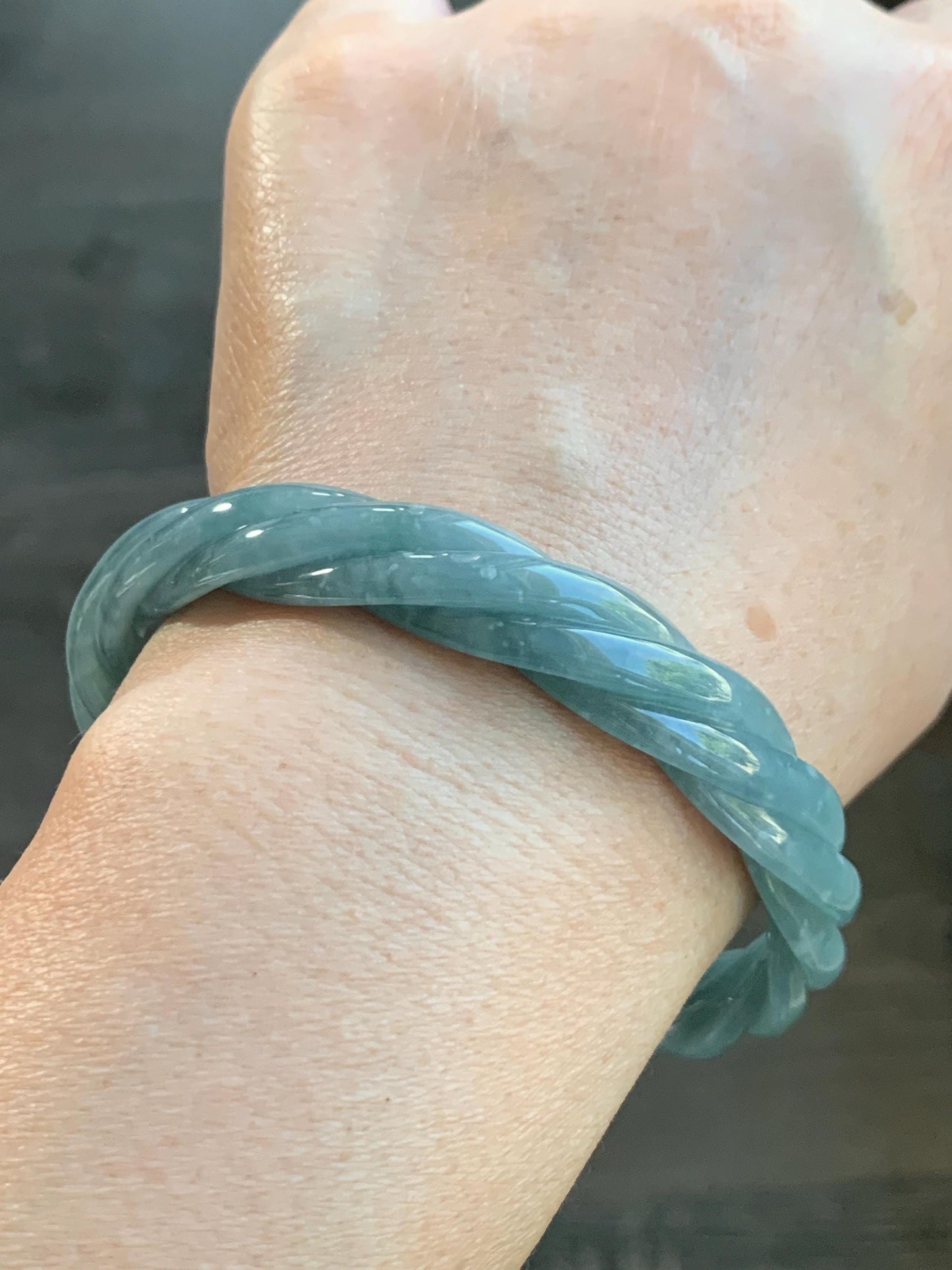 Certified Natural Grade A Guatemalan Icy Translucent Dark Dusty Blue Jade Jadeite Carved Braid Bangle 62.8mm 7.76” 36g 天然冰危暗蓝翡翠麻花手镯 087
