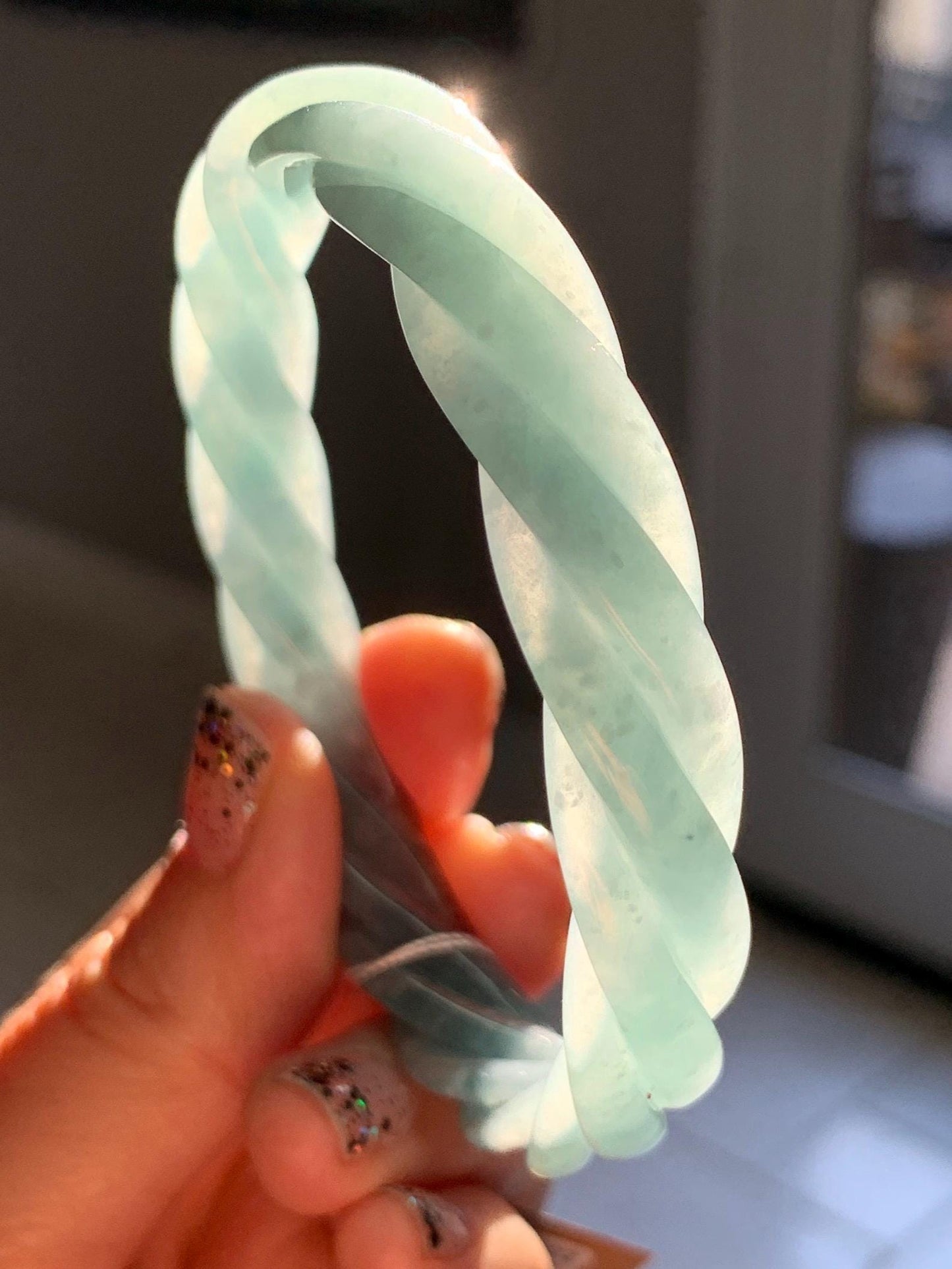 Certified Natural Grade A Guatemalan Icy Translucent Dark Dusty Blue Jade Jadeite Carved Braid Bangle 62.8mm 7.76” 36g 天然冰危暗蓝翡翠麻花手镯 087