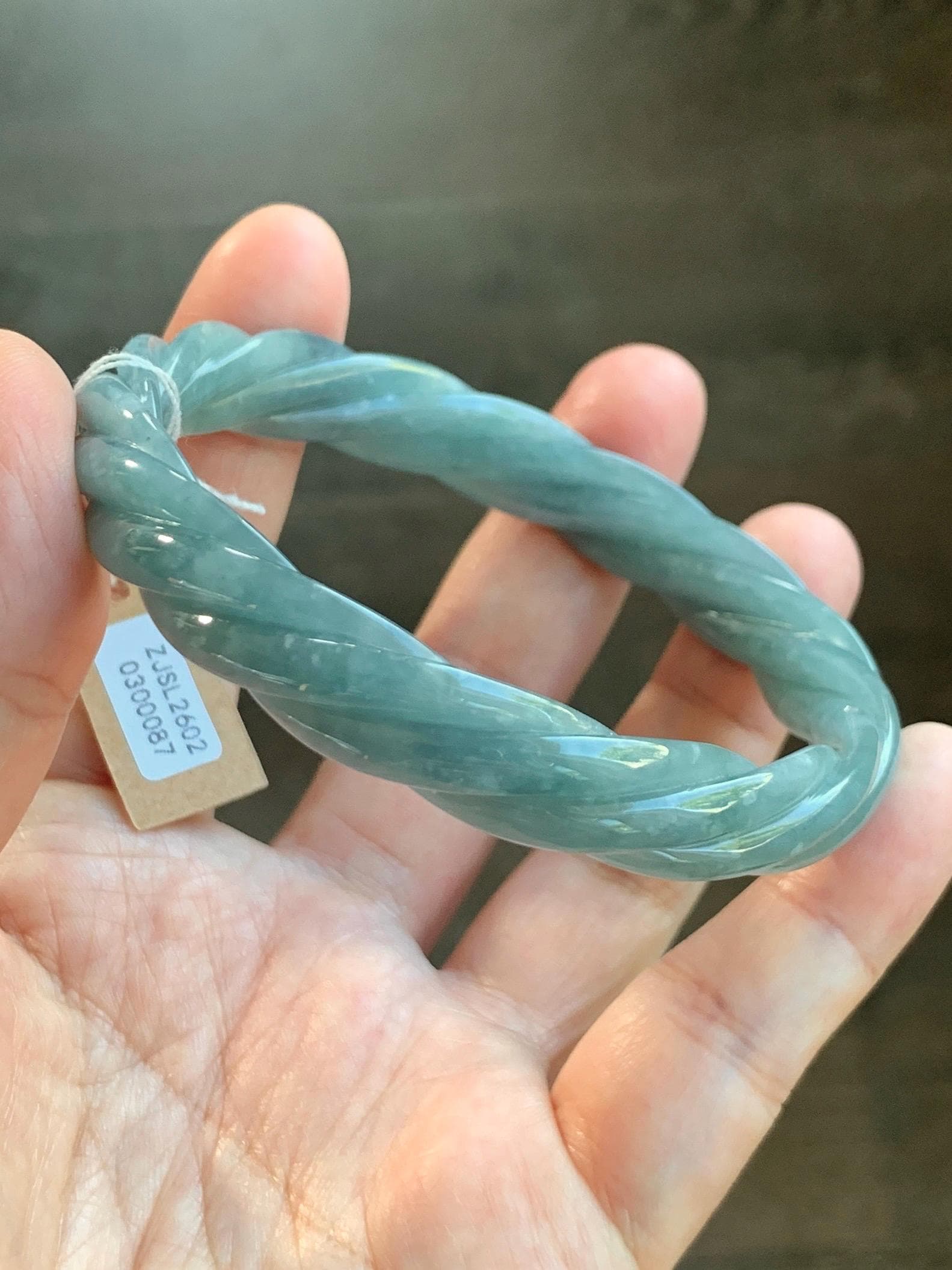 Certified Natural Grade A Guatemalan Icy Translucent Dark Dusty Blue Jade Jadeite Carved Braid Bangle 62.8mm 7.76” 36g 天然冰危暗蓝翡翠麻花手镯 087