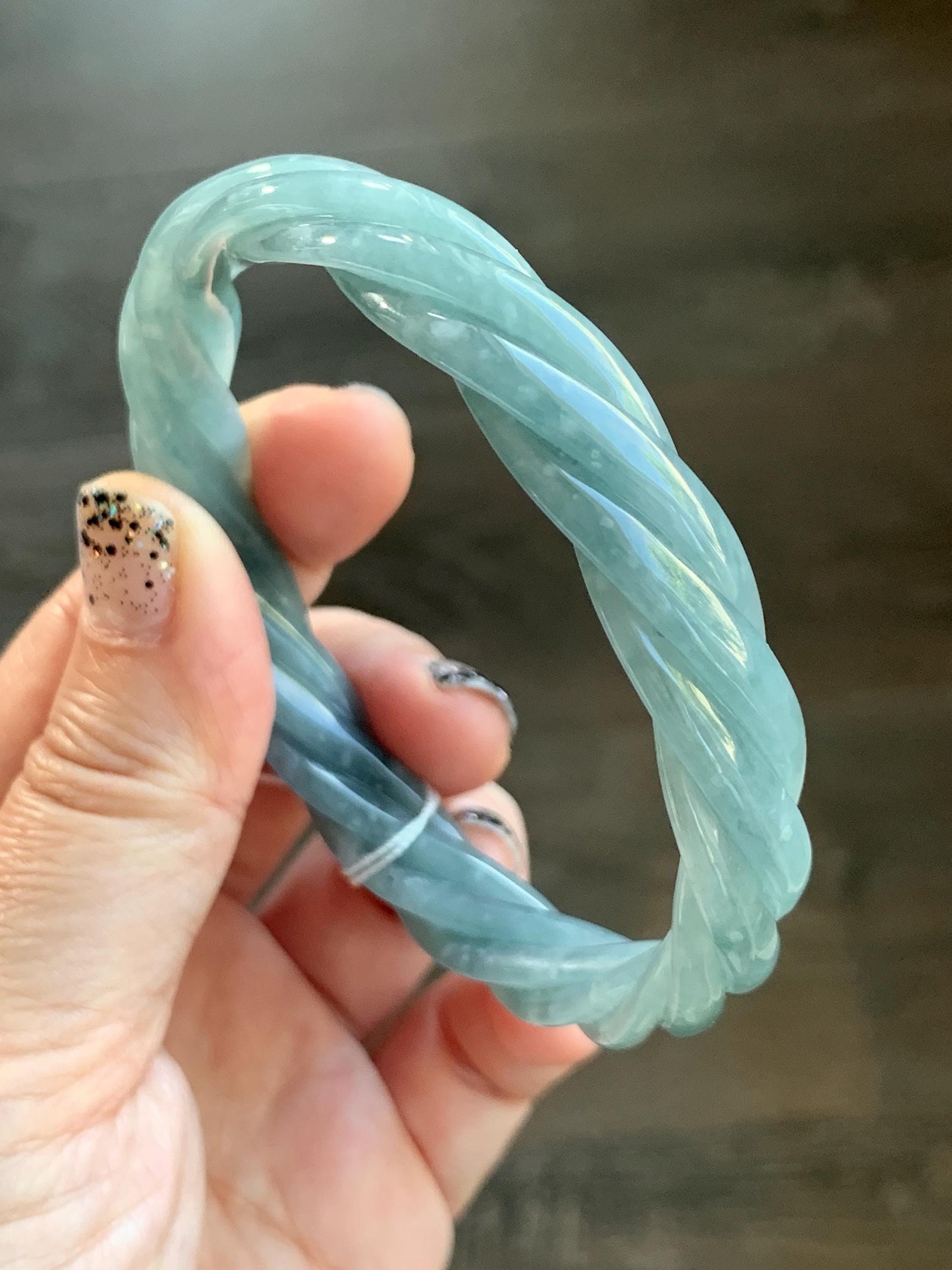 Certified Natural Grade A Guatemalan Icy Translucent Dark Dusty Blue Jade Jadeite Carved Braid Bangle 62.8mm 7.76” 36g 天然冰危暗蓝翡翠麻花手镯 087