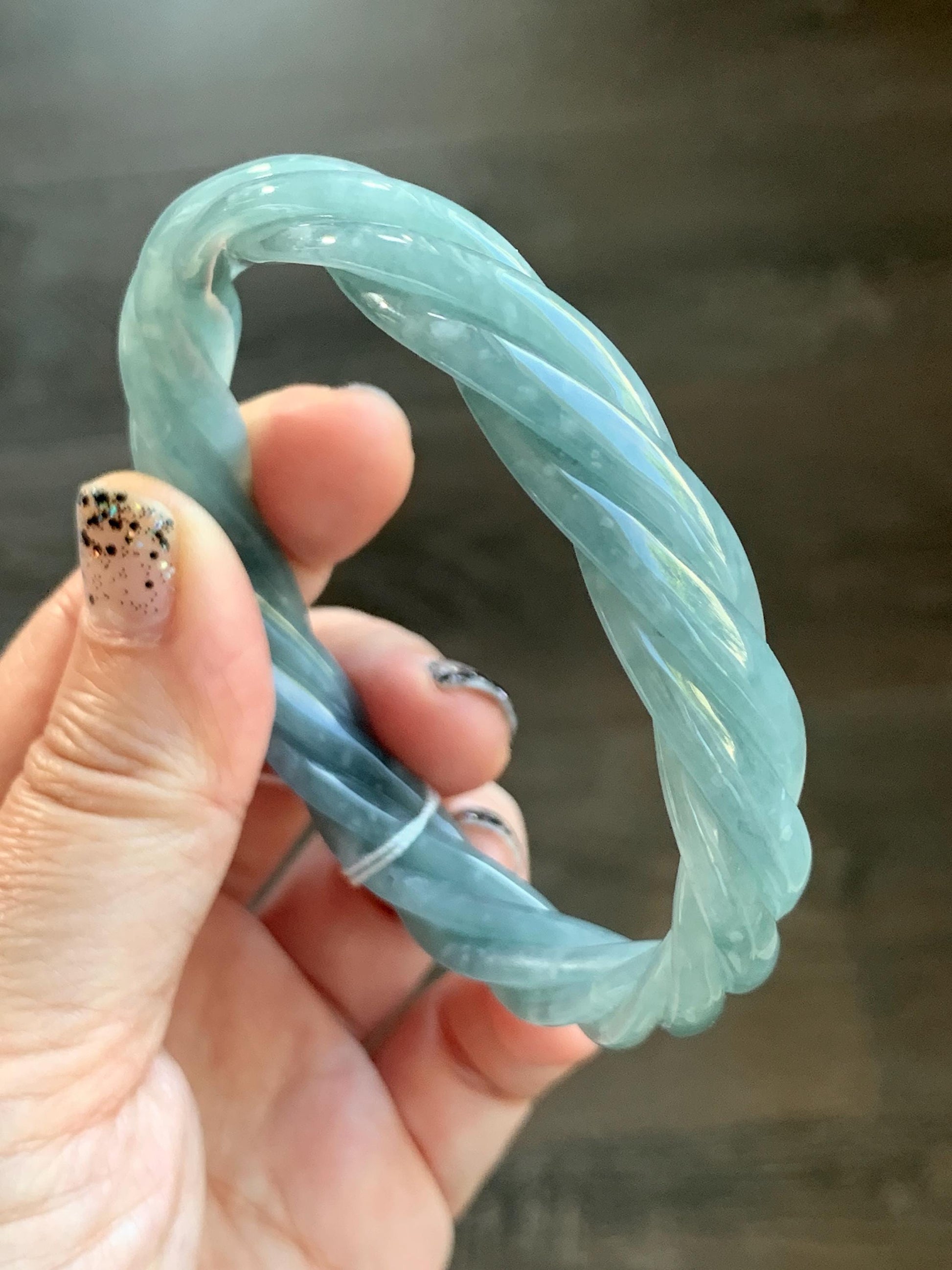 Certified Natural Grade A Guatemalan Icy Translucent Dark Dusty Blue Jade Jadeite Carved Braid Bangle 62.8mm 7.76” 36g 天然冰危暗蓝翡翠麻花手镯 087