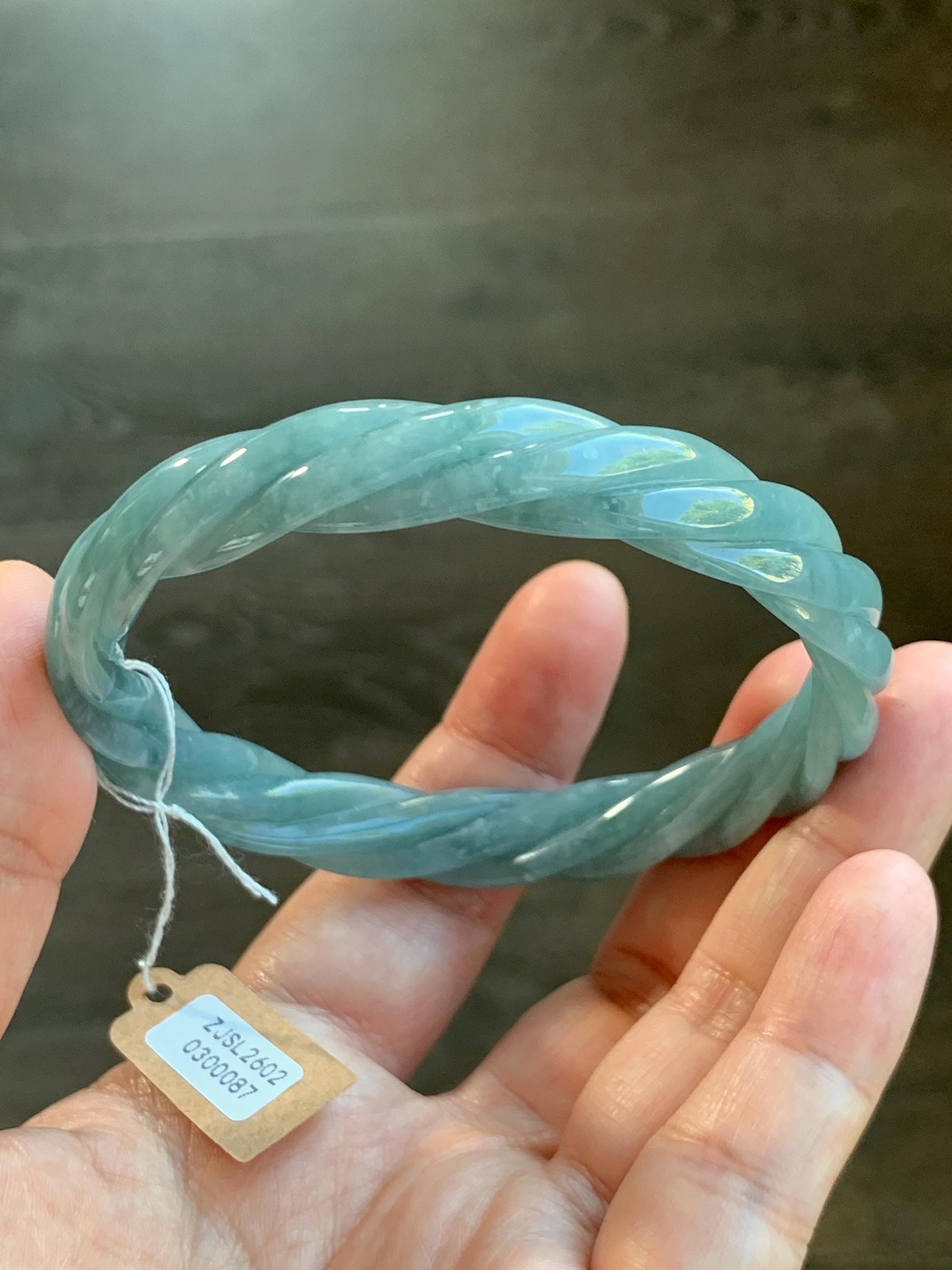 Certified Natural Grade A Guatemalan Icy Translucent Dark Dusty Blue Jade Jadeite Carved Braid Bangle 62.8mm 7.76” 36g 天然冰危暗蓝翡翠麻花手镯 087