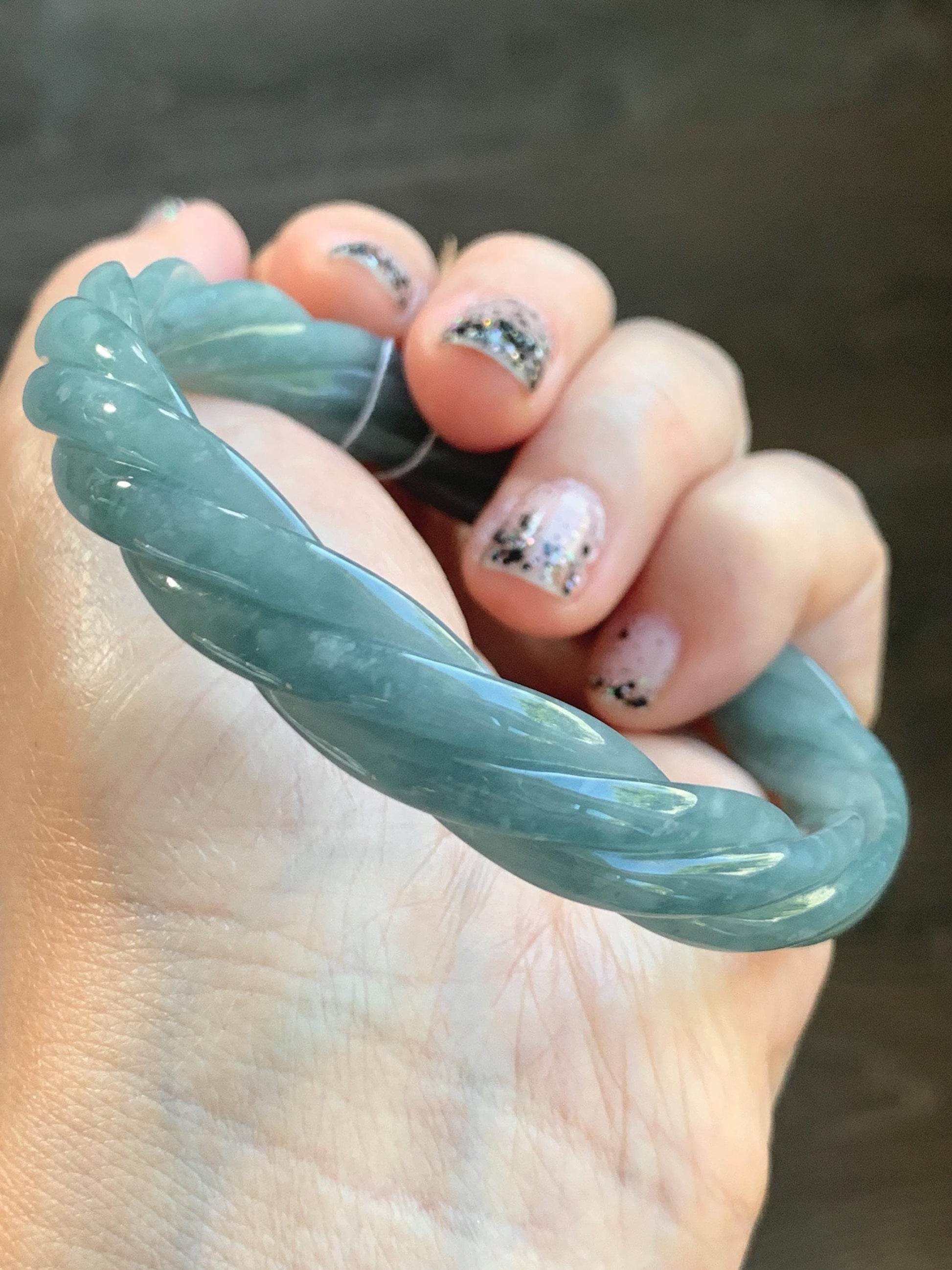 Certified Natural Grade A Guatemalan Icy Translucent Dark Dusty Blue Jade Jadeite Carved Braid Bangle 62.8mm 7.76” 36g 天然冰危暗蓝翡翠麻花手镯 087