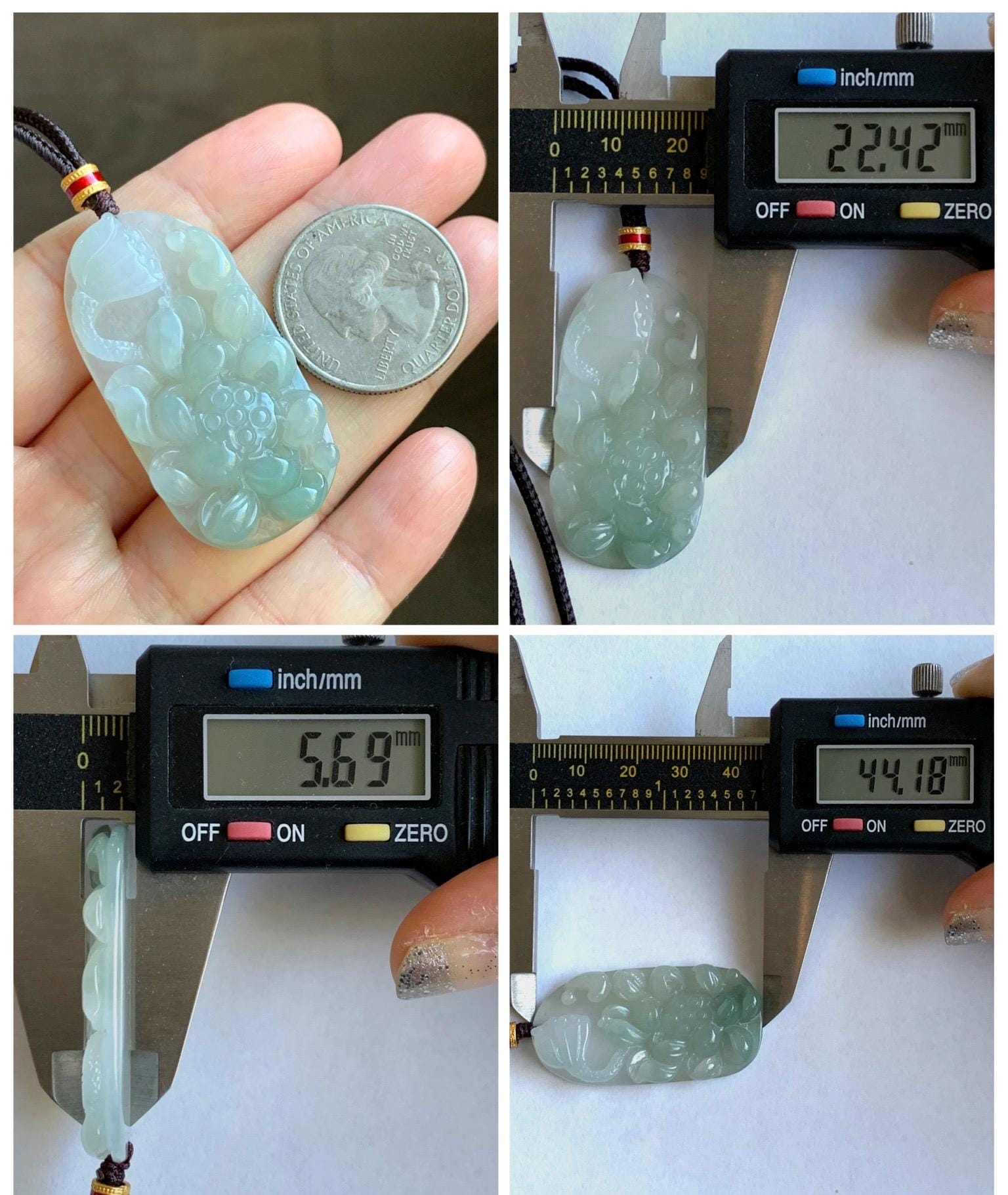 Natural Grade A Icy Translucent White Dusty Green Jade Jadeite Lotus Flower Wu Dao Enlightenment Pendant Necklace 27.5” 天然冰胶白晴翡翠莲花悟道吊坠LWD180