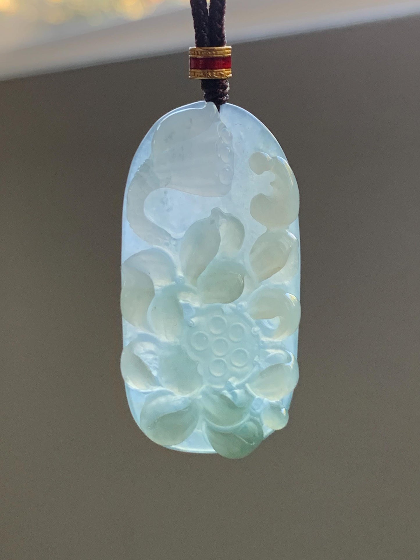 Natural Grade A Icy Translucent White Dusty Green Jade Jadeite Lotus Flower Wu Dao Enlightenment Pendant Necklace 27.5” 天然冰胶白晴翡翠莲花悟道吊坠LWD180