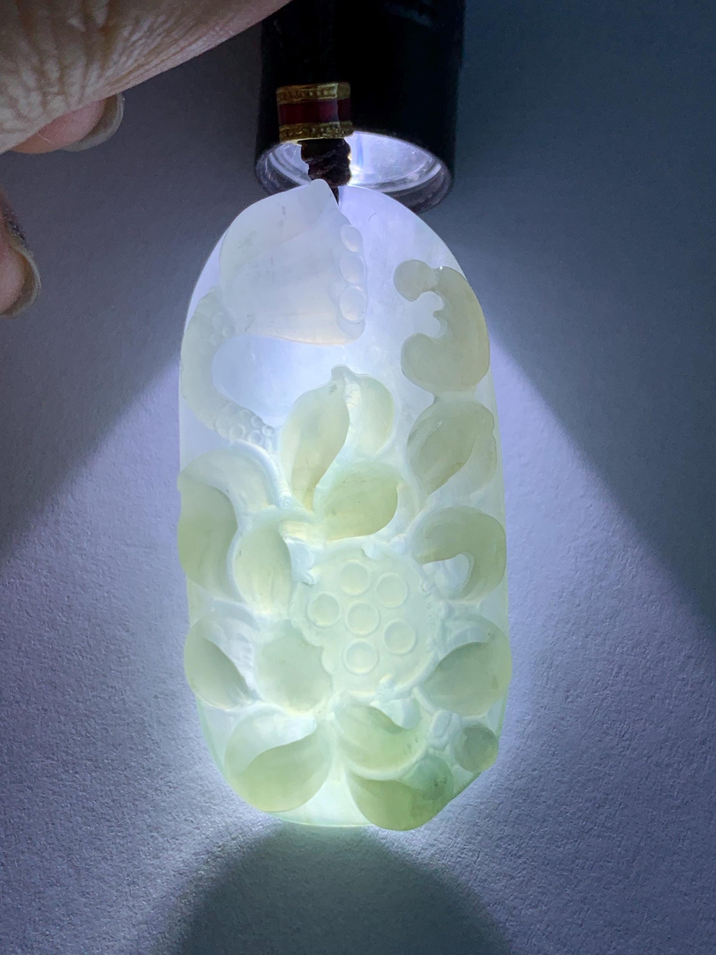 Natural Grade A Icy Translucent White Dusty Green Jade Jadeite Lotus Flower Wu Dao Enlightenment Pendant Necklace 27.5” 天然冰胶白晴翡翠莲花悟道吊坠LWD180