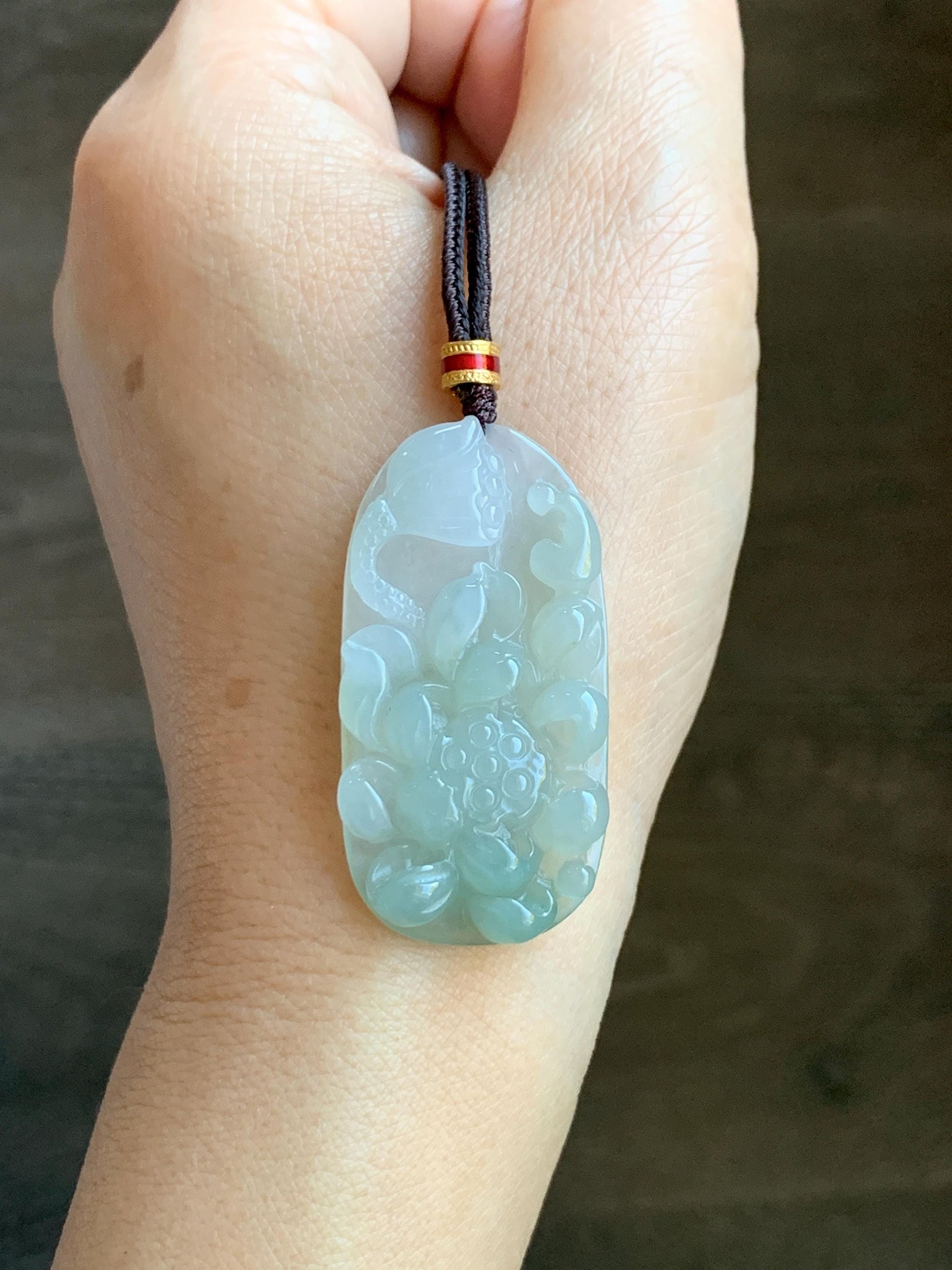 Natural Grade A Icy Translucent White Dusty Green Jade Jadeite Lotus Flower Wu Dao Enlightenment Pendant Necklace 27.5” 天然冰胶白晴翡翠莲花悟道吊坠LWD180