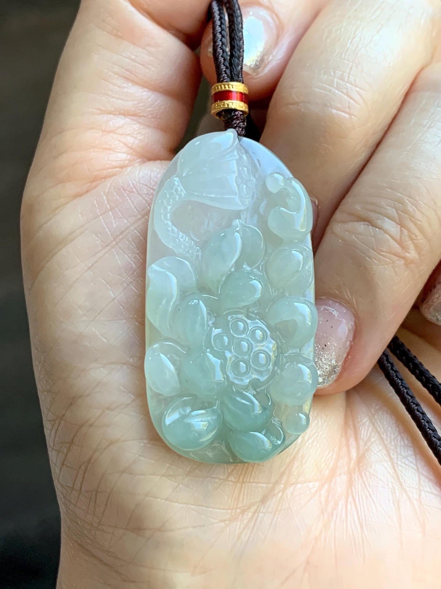 Natural Grade A Icy Translucent White Dusty Green Jade Jadeite Lotus Flower Wu Dao Enlightenment Pendant Necklace 27.5” 天然冰胶白晴翡翠莲花悟道吊坠LWD180