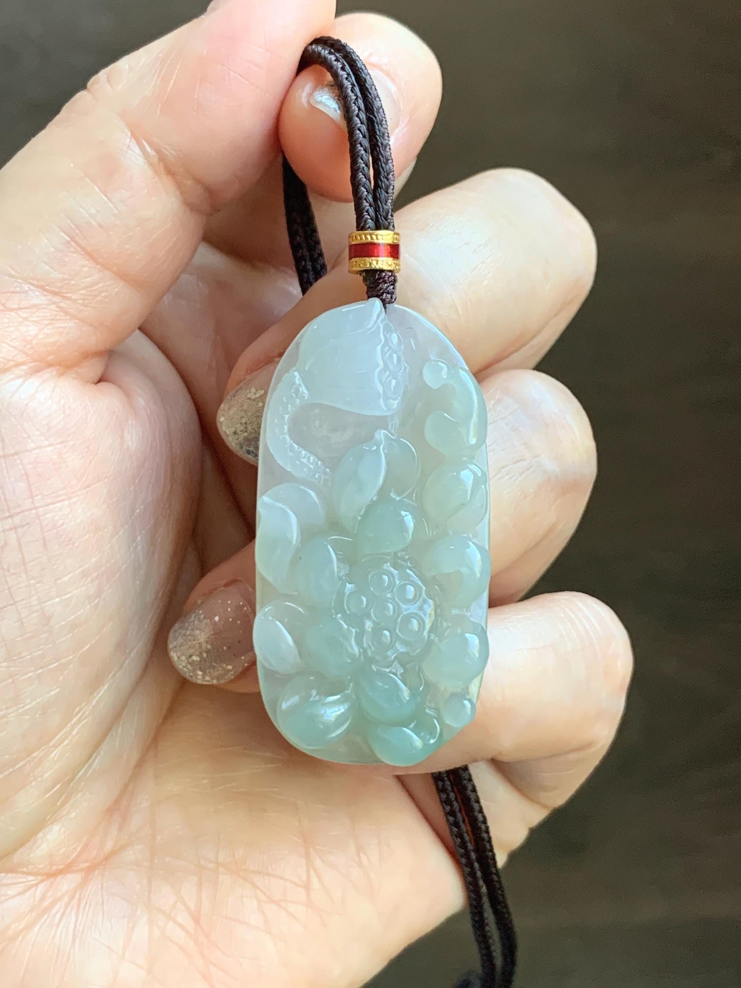 Natural Grade A Icy Translucent White Dusty Green Jade Jadeite Lotus Flower Wu Dao Enlightenment Pendant Necklace 27.5” 天然冰胶白晴翡翠莲花悟道吊坠LWD180