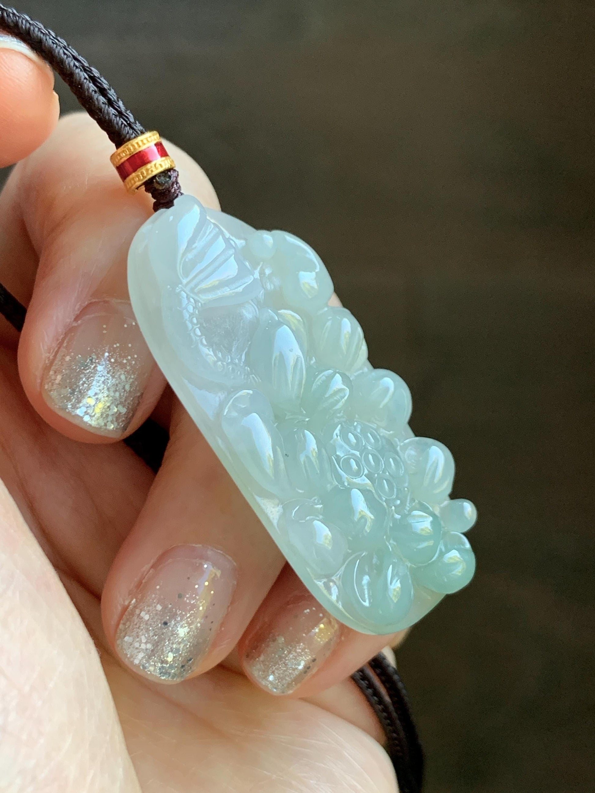 Natural Grade A Icy Translucent White Dusty Green Jade Jadeite Lotus Flower Wu Dao Enlightenment Pendant Necklace 27.5” 天然冰胶白晴翡翠莲花悟道吊坠LWD180