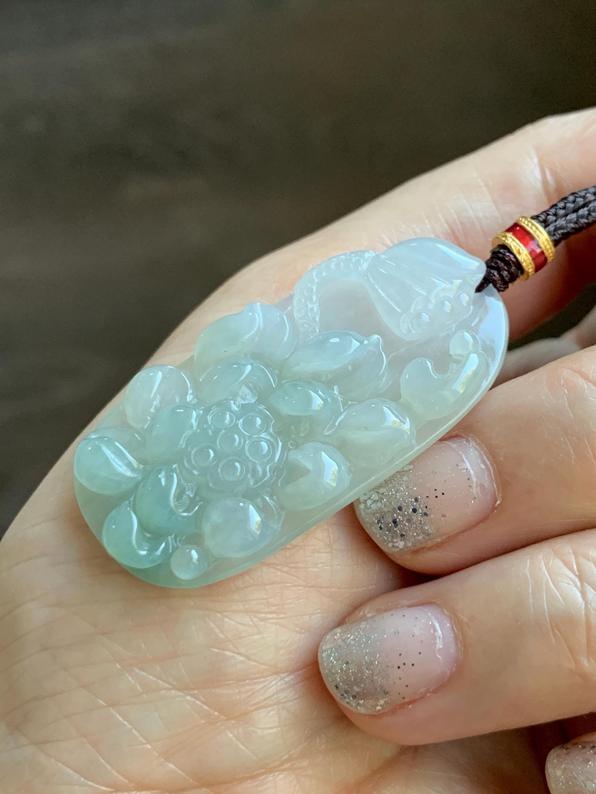 Natural Grade A Icy Translucent White Dusty Green Jade Jadeite Lotus Flower Wu Dao Enlightenment Pendant Necklace 27.5” 天然冰胶白晴翡翠莲花悟道吊坠LWD180